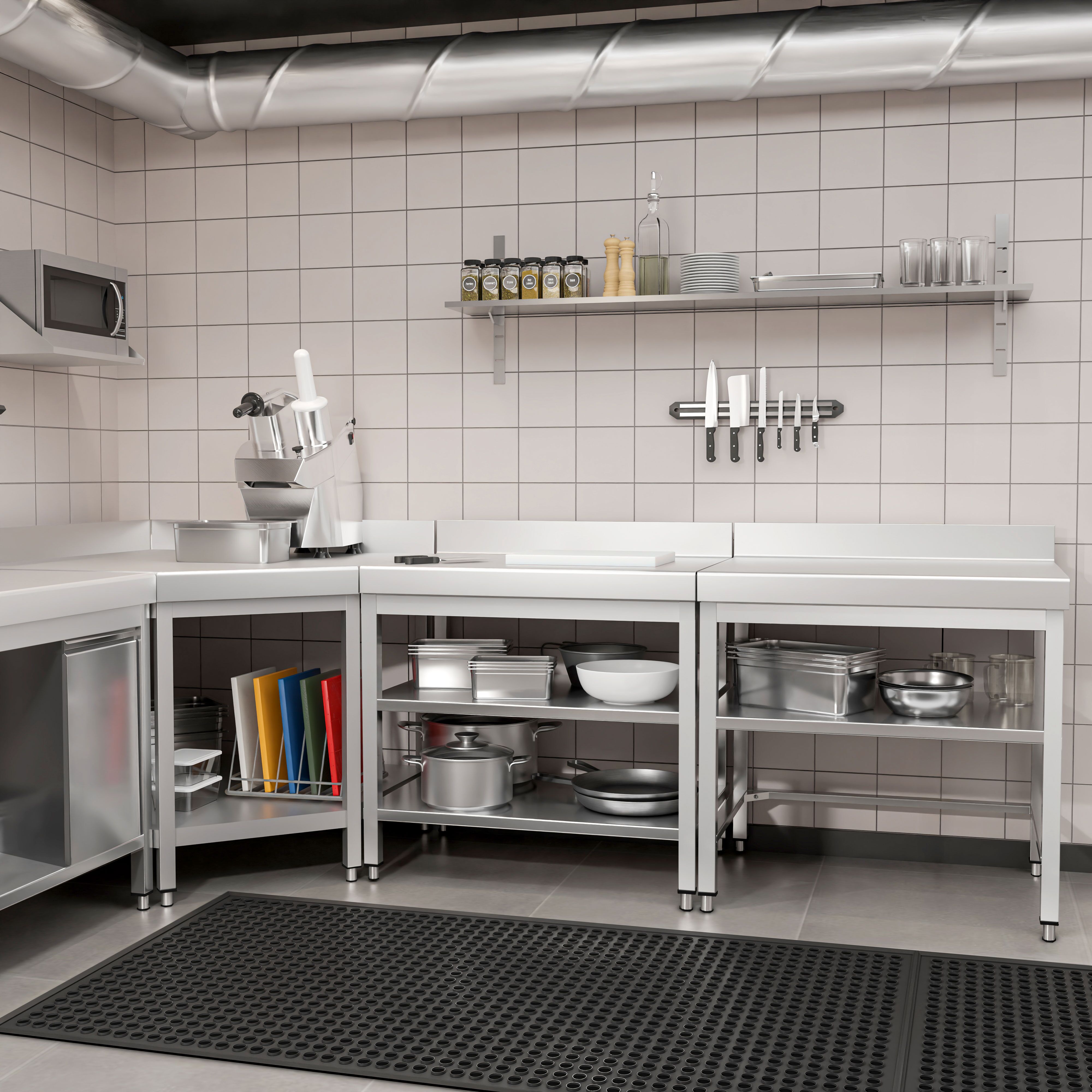 Table de travail inox PREMIUM - 600 x 700 mm - avec tablette inférieure, Dosseret & Tablette intermédiaire