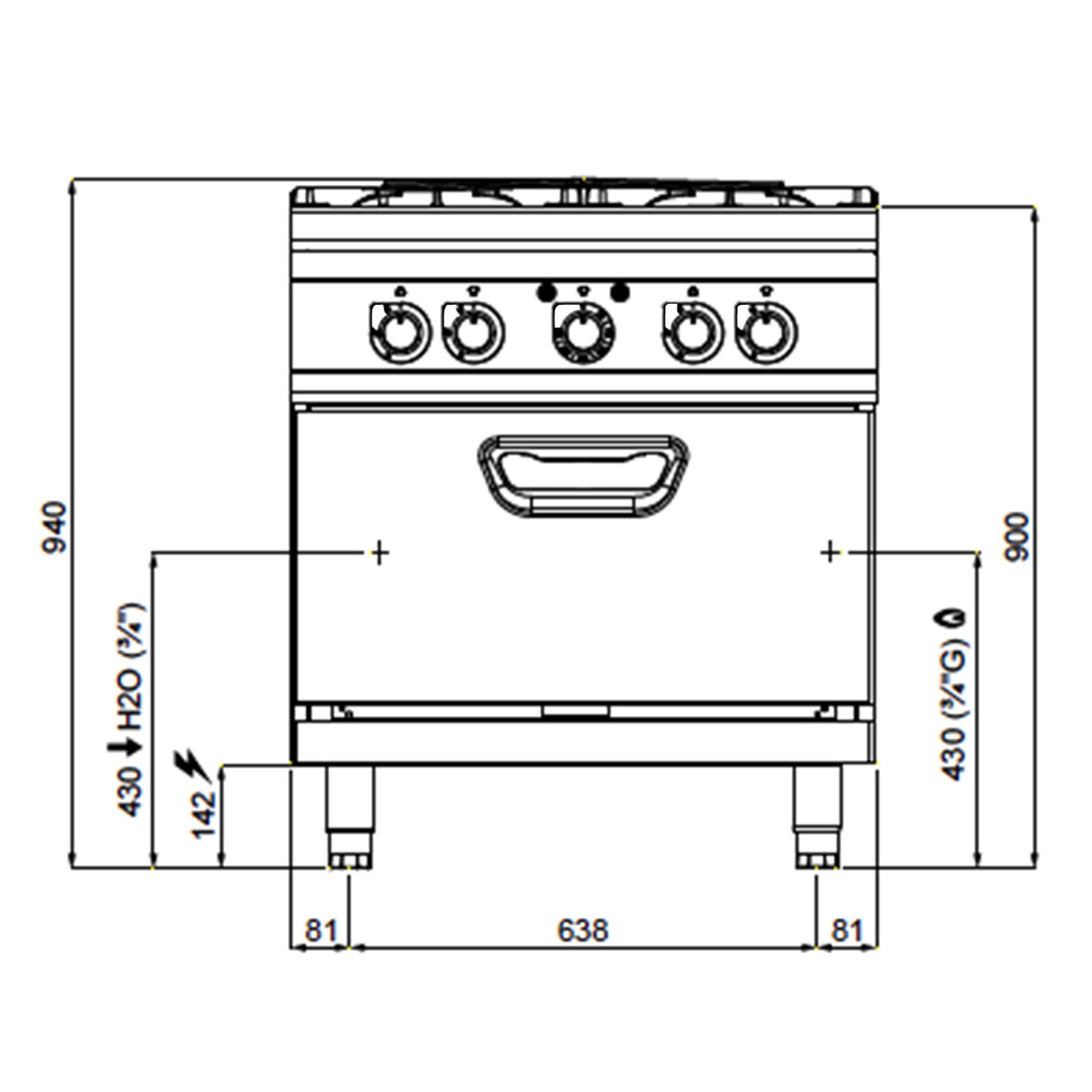 Fourneau à gaz – 40 kW – 4 brûleurs – avec four électrique à convection – 4,68 kW – modèle haute performance
