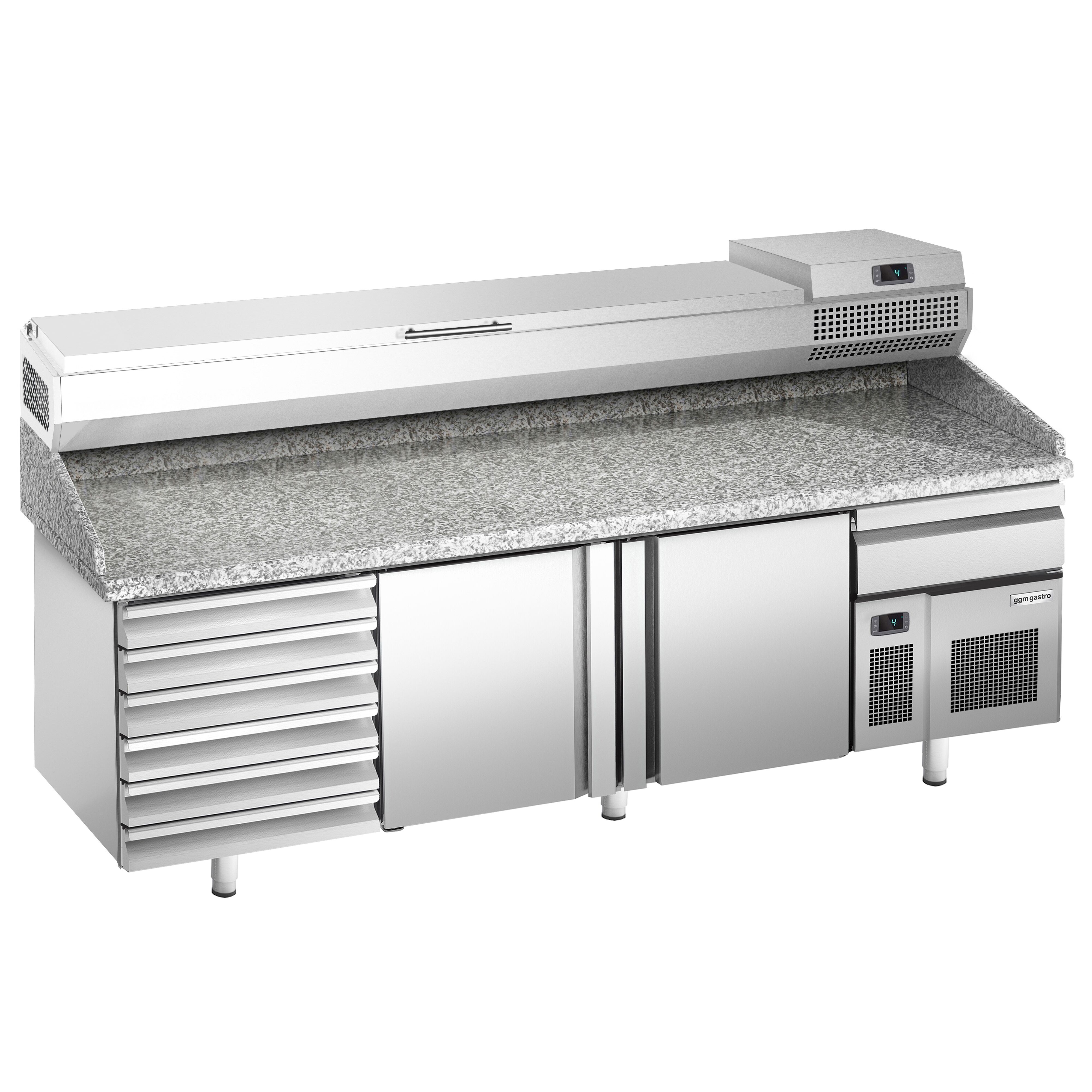 Table réfrigérée à pizza Premium PLUS - 2305x800 mm - avec 2 portes & 7 tiroirs - incl. vitrine réfrigérée pour ingrédients - 11 bacs GN 1/4