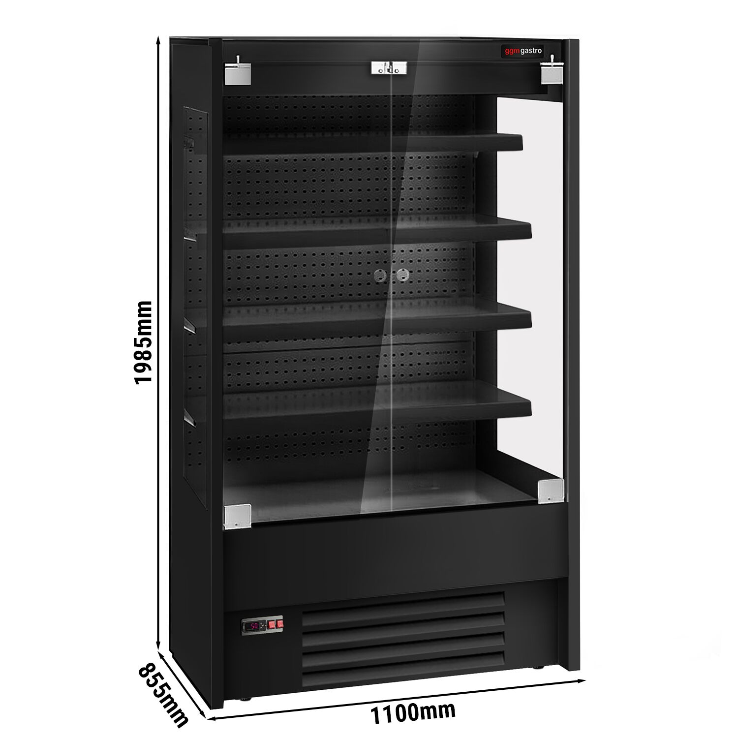Commercial multideck display fridge - 1100mm - with 2 hinged glass doors & 4 shelves - Black