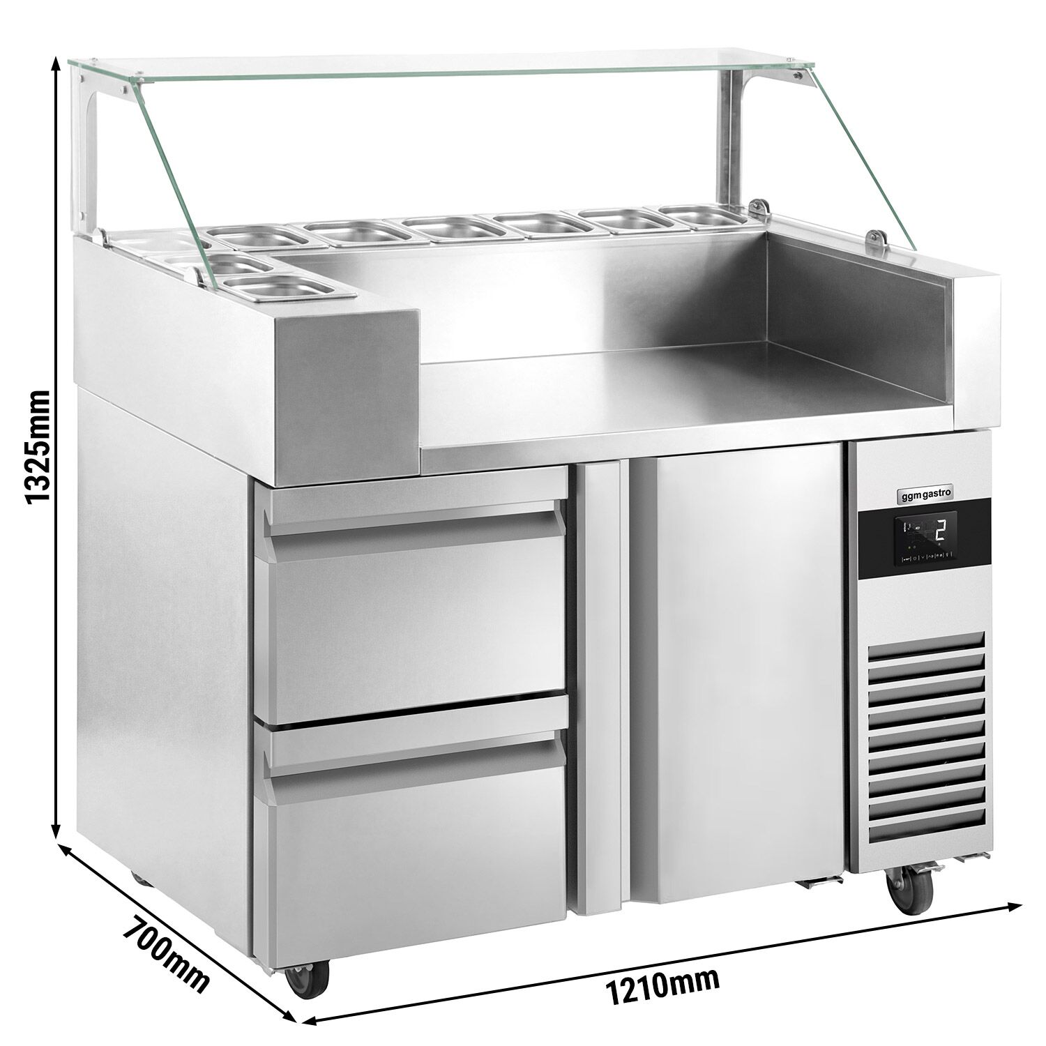 Table de préparation – 1210 mm – 1 porte & 2 tiroirs – pour 9 bacs GN 1/6