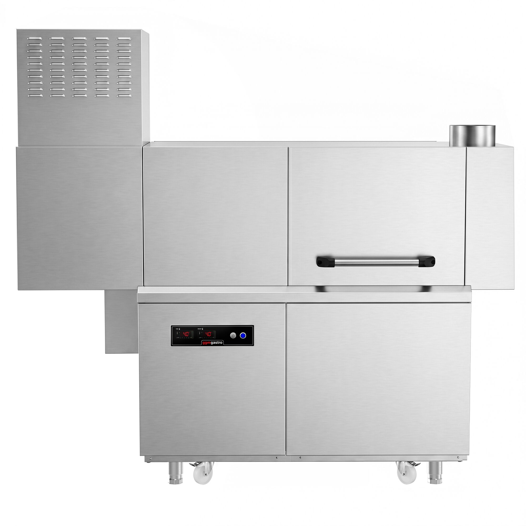 Lave-vaisselle à convoyeur - Commande électronique (affichage numérique) - 47kW - panier 500x500mm - avec tunnel de séchage - avec pompes doseuses intégrées pour détergent et produit de rinçage - Table d’entrée à gauche