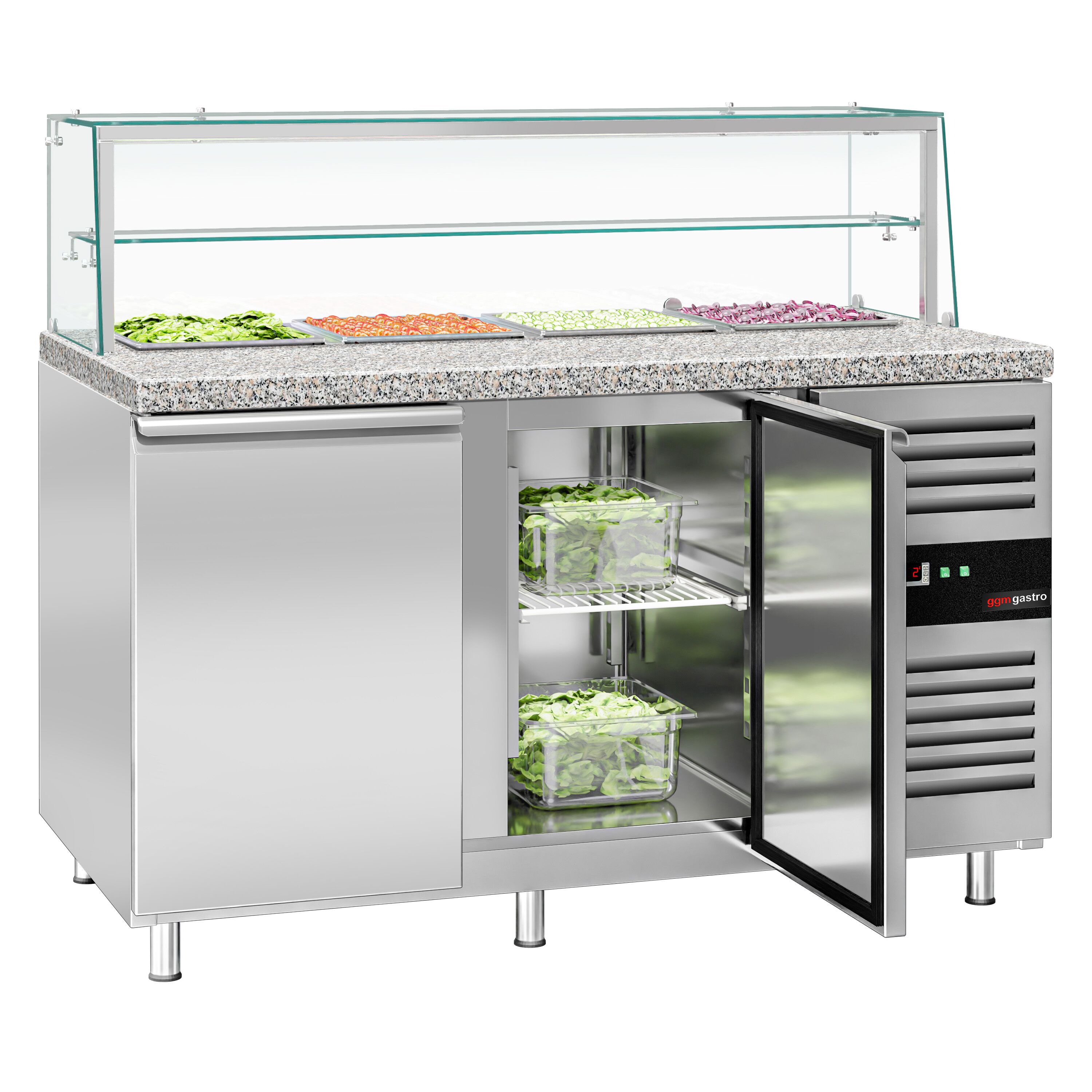 Saladette réfrigérée PREMIUM - 1515mm - 390L - 2 portes - avec vitrine de comptoir pour 4x GN 1/1 & 1 étagère - plan de travail en granit noir
