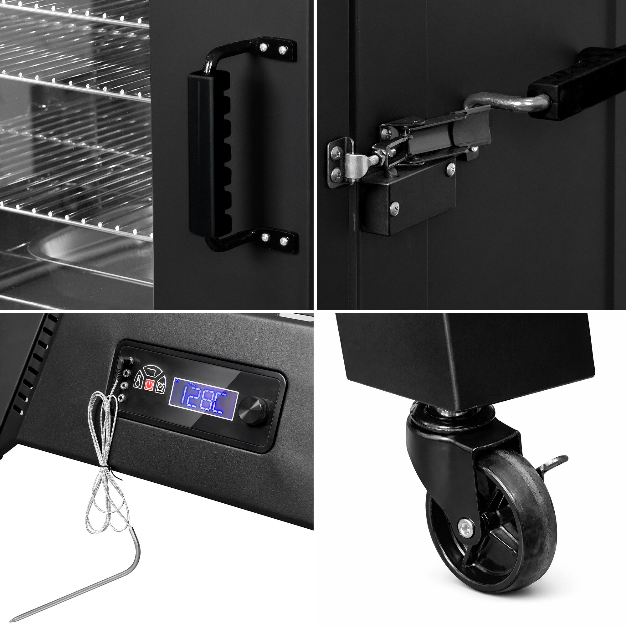 Fumoir électrique professionnel - Commande électronique - avec 4 étagères - 670x739mm - sur roulettes - Noir - fumage à chaud et à froid