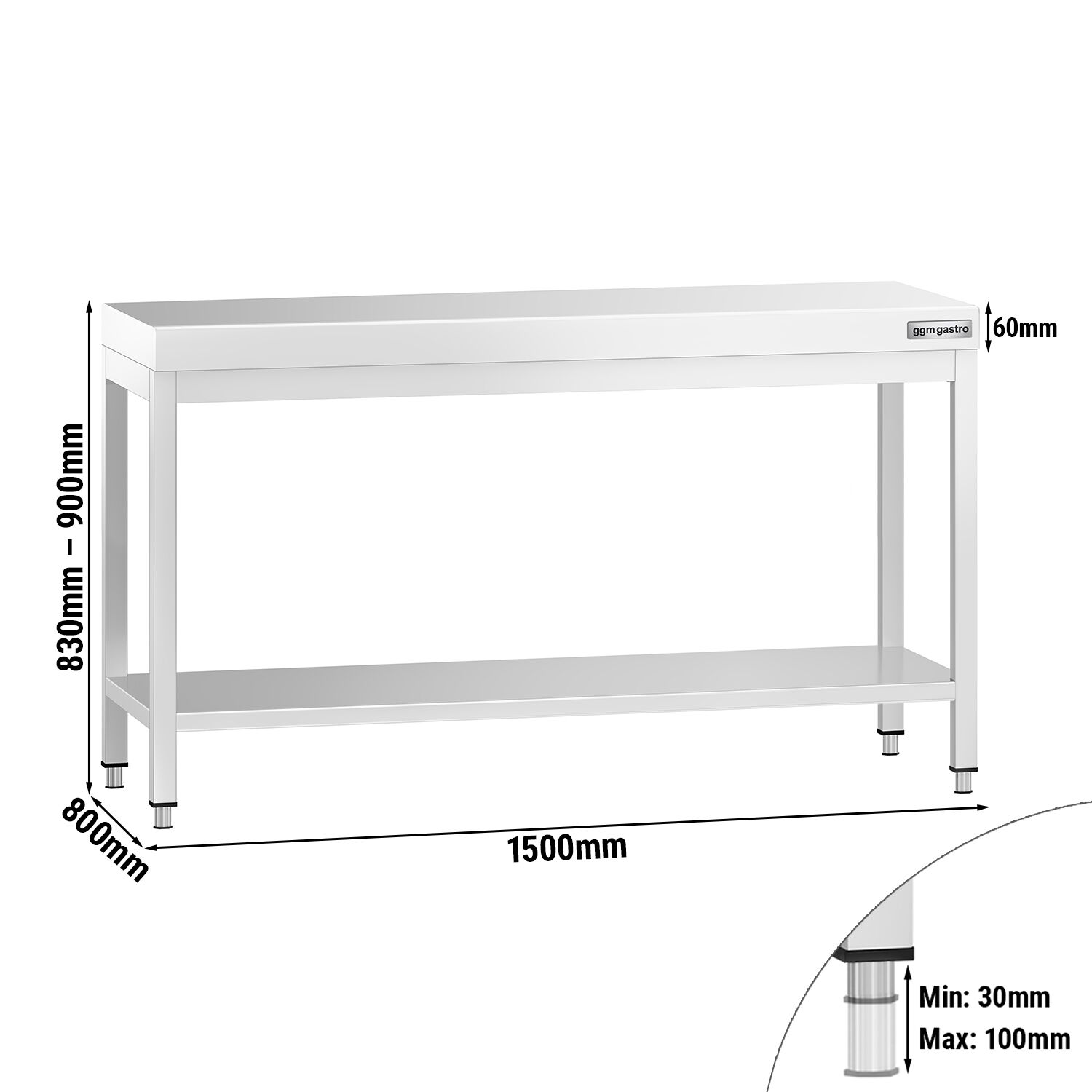 Table de travail inox PREMIUM - 1500 x 800 mm - avec tablette inférieure