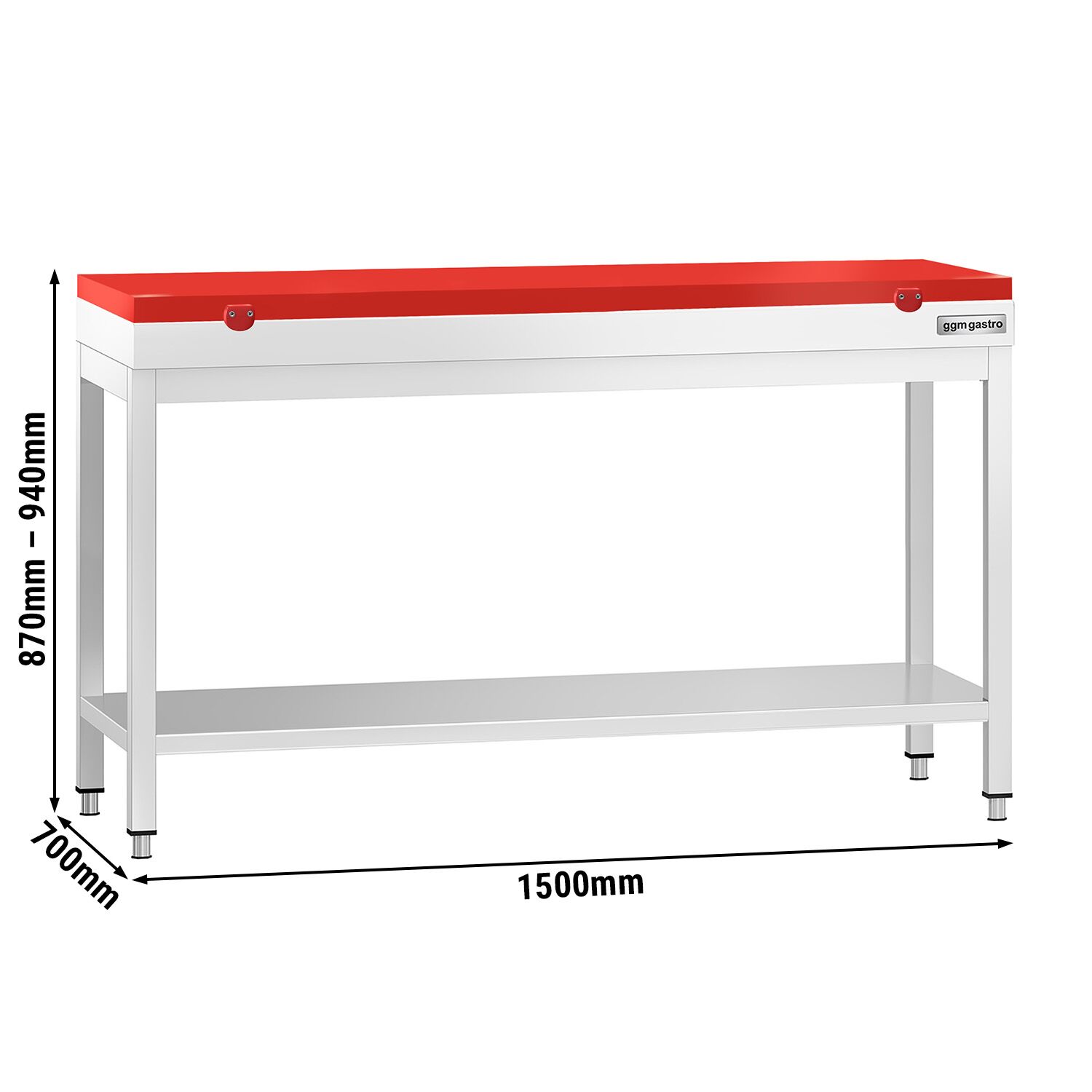 Table de travail inox PREMIUM - 1500 x 700 mm - avec tablette inférieure - incl. Planche à découper Rouge