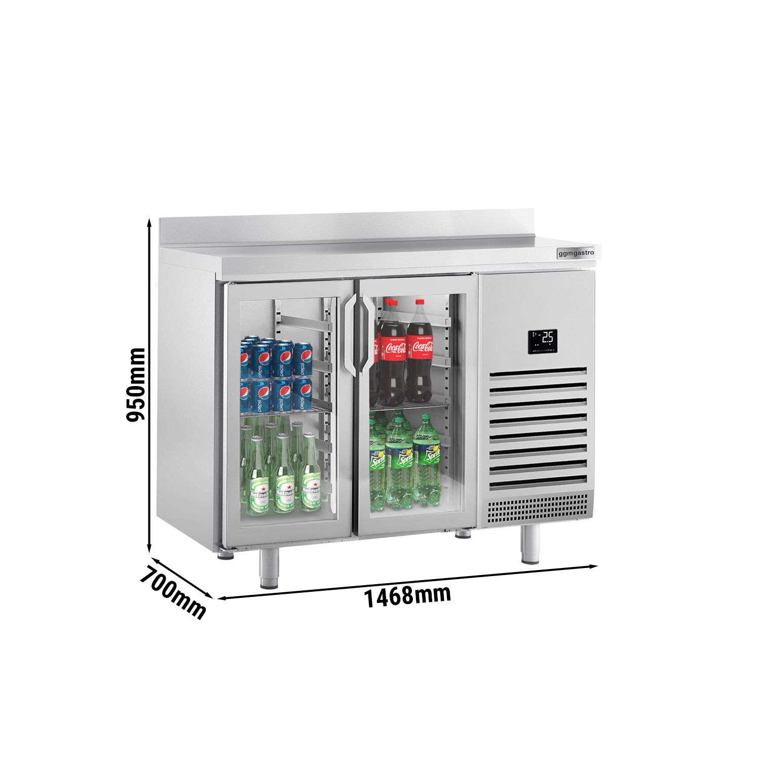 Table réfrigérée Premium PLUS - 1468x700 mm - avec 2 portes vitrées et rebord