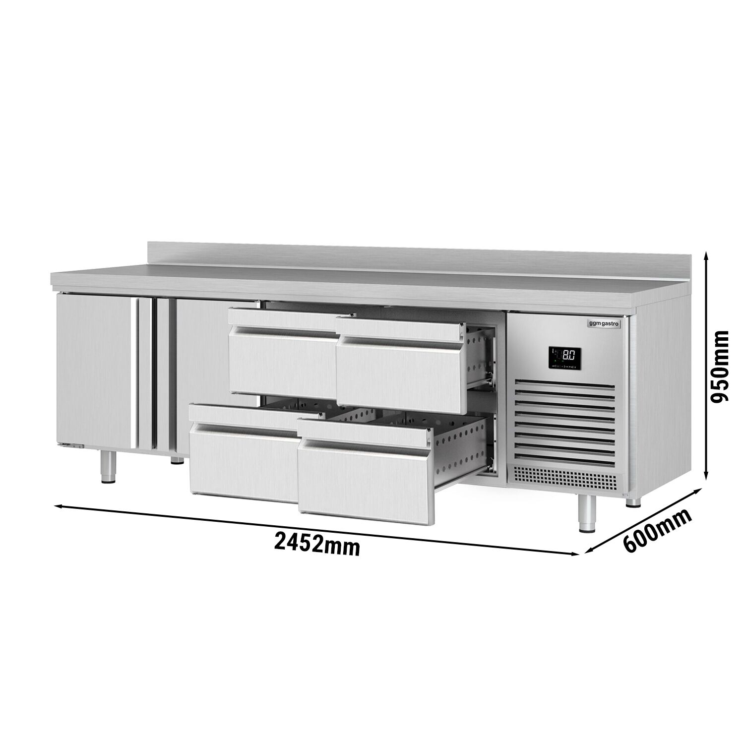 Table réfrigérée Premium PLUS - 2452 x 600 mm - avec 2 portes - 4 tiroirs - avec dosseret