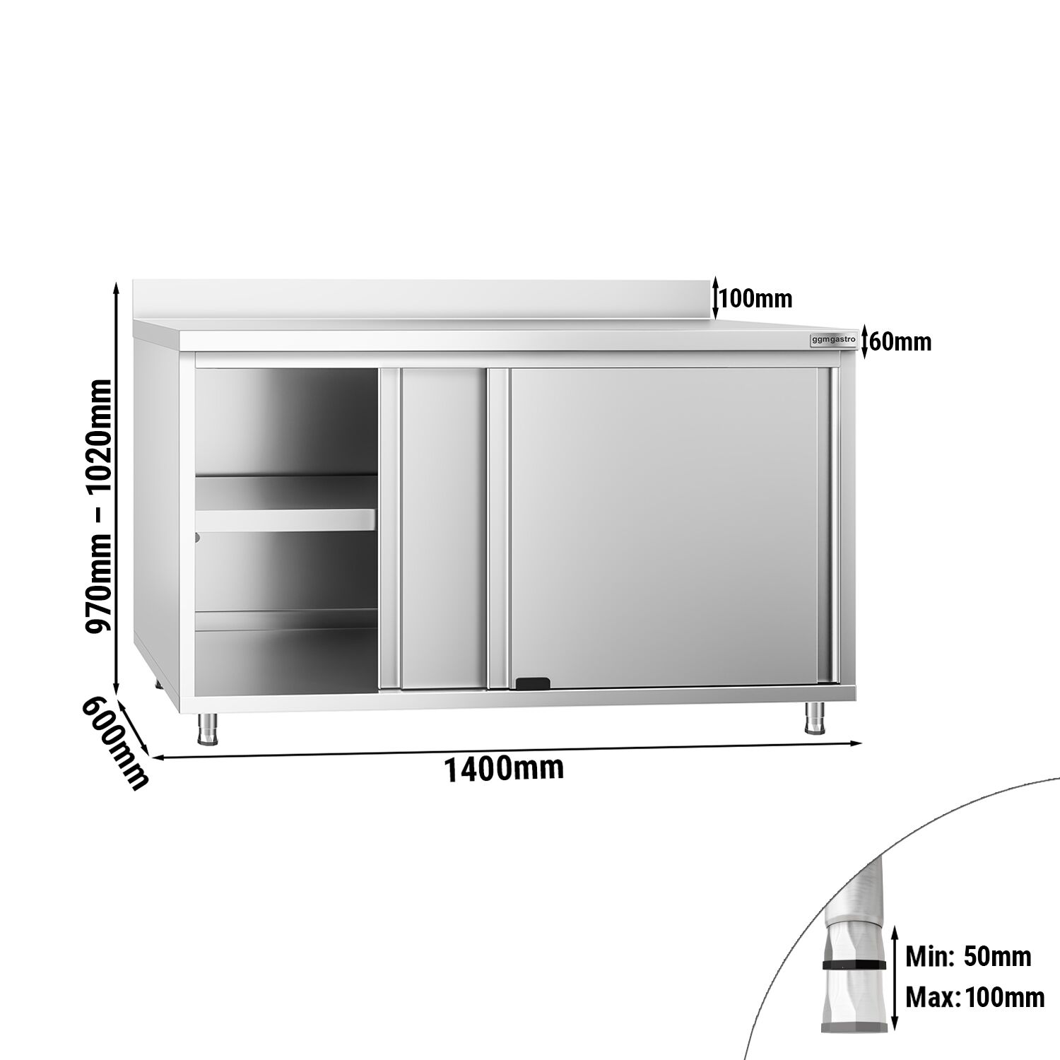 Table armoire en acier inoxydable PREMIUM - 1400x600mm - avec portes coulissantes - avec dosseret