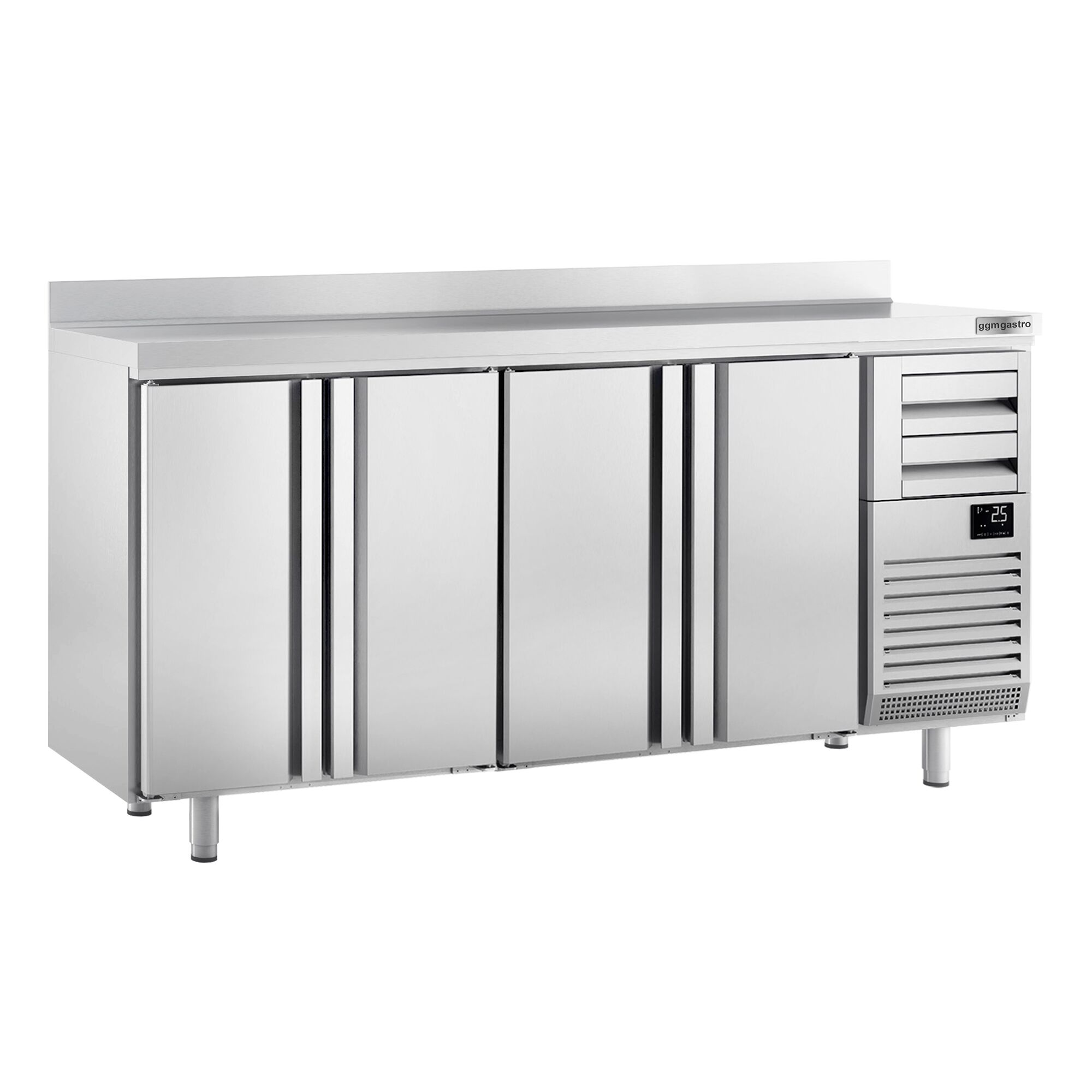 Commercial Back Bar Bottle Cooler PREMIUM PLUS - Beverage Cooling Table - 2452x600x1150mm - with 4 Hinged Solid Doors, 2 Drawers, upstand, locks & auto defrost - Stainless Steel