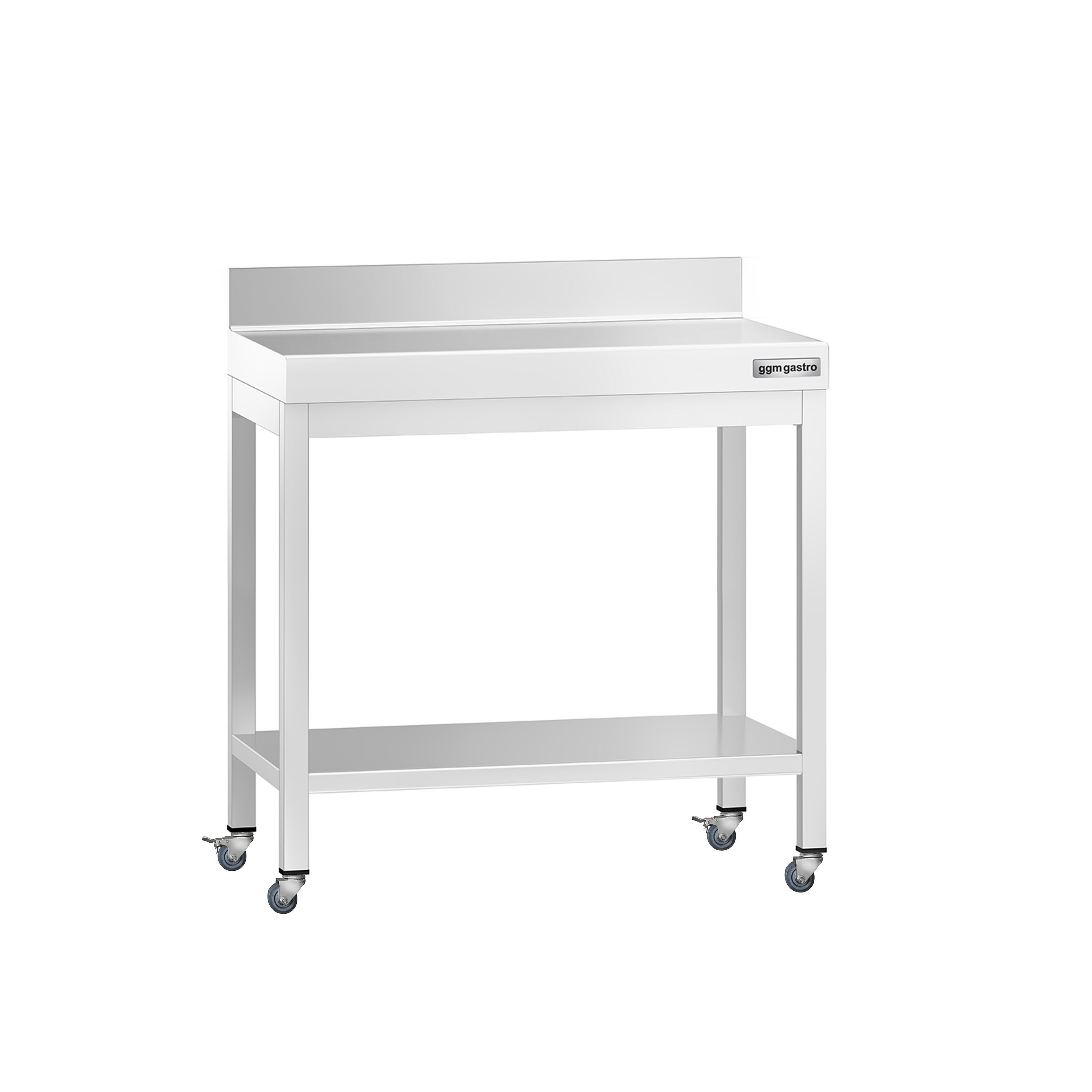 Table de travail en inox PREMIUM - 700 x 600 mm - avec tablette inférieure, dosseret et roulettes