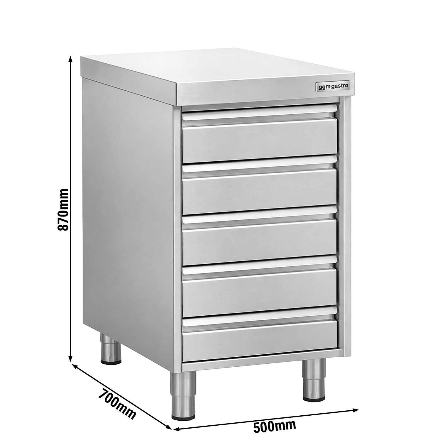 Meuble bas à tiroirs - Acier inoxydable - avec 5 tiroirs - 500x700mm