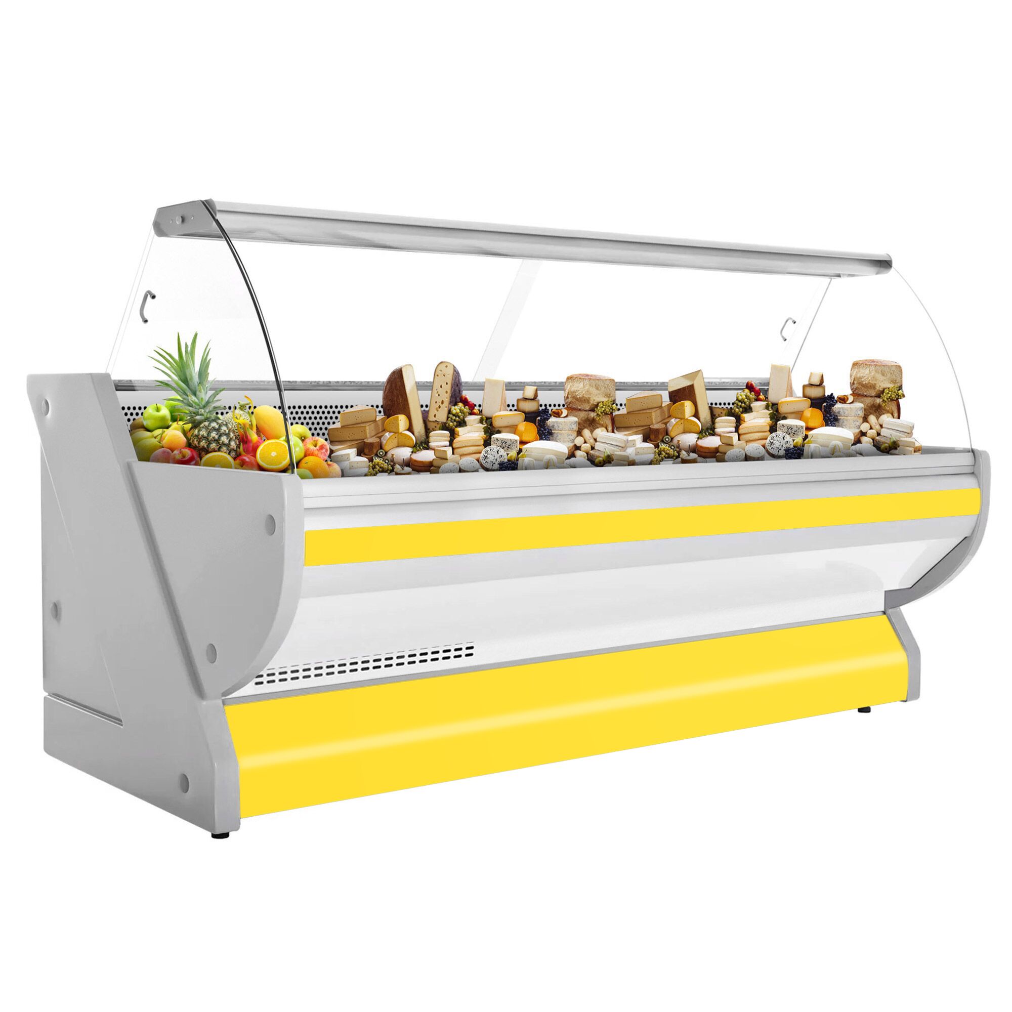 Serve Over Counter - 2965x1150mm - curved front glass - granite worktop - yellow front - capacity 570 litres
