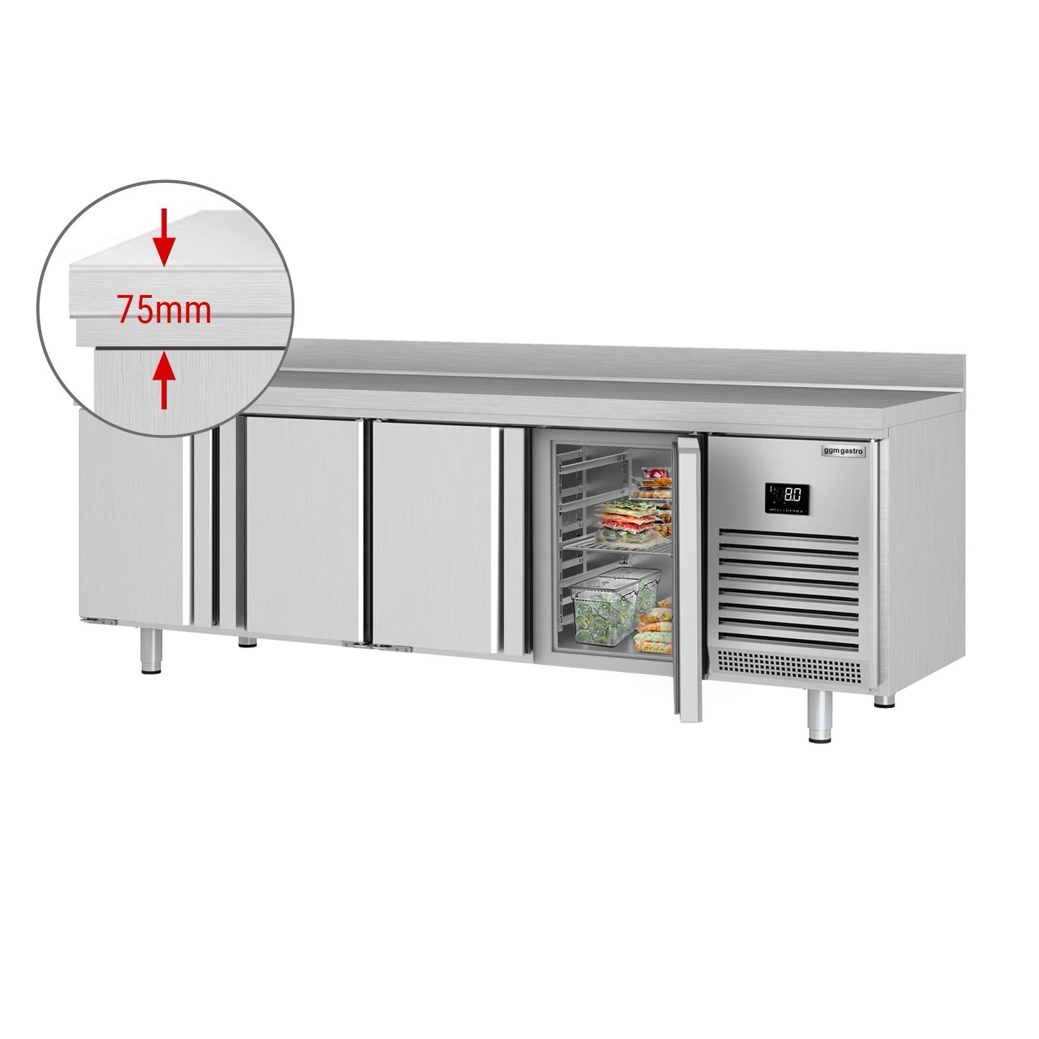 Table réfrigérée Premium PLUS - 2452x700 mm - avec 4 portes - avec rebord