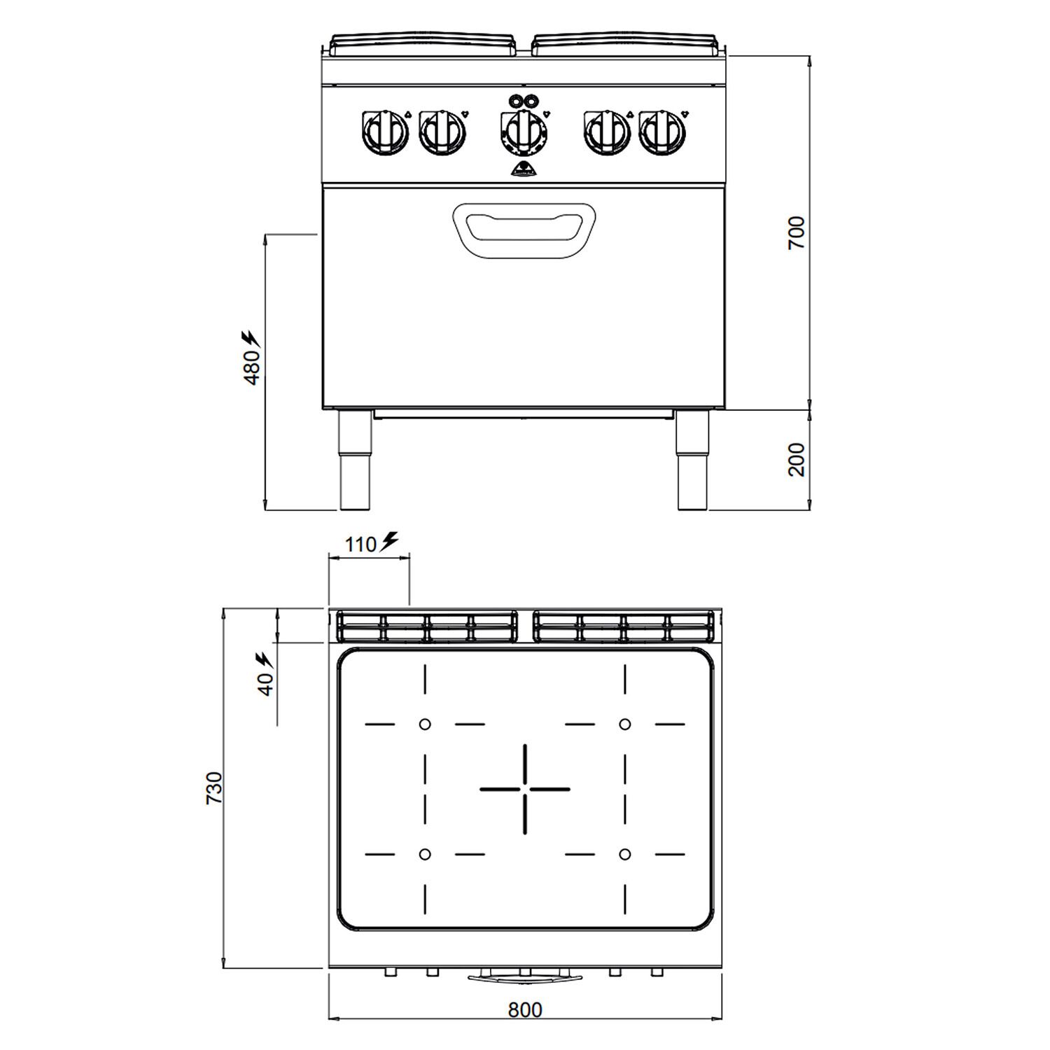 Fourneau électrique - 12,8kW - 4 foyers infrarouges - avec four électrique - Chaleur tournante - 4,7kW