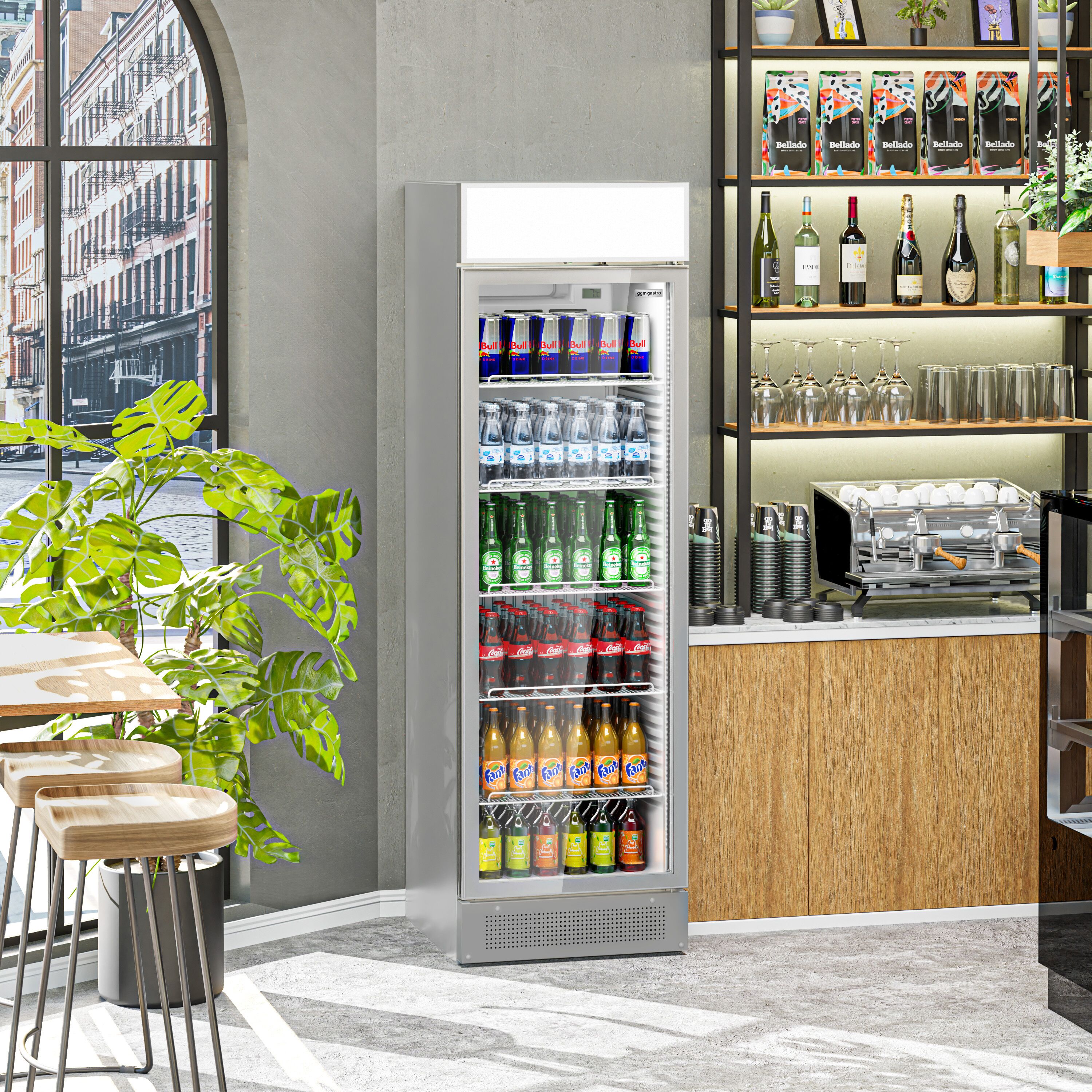 Vitrine réfrigérée à boissons - 595mm - 358 L - porte vitrée sans cadre - 1 porte vitrée - avec caisson lumineux - éclairage LED - affichage digital de la température - Gris - +1 à +10 °C