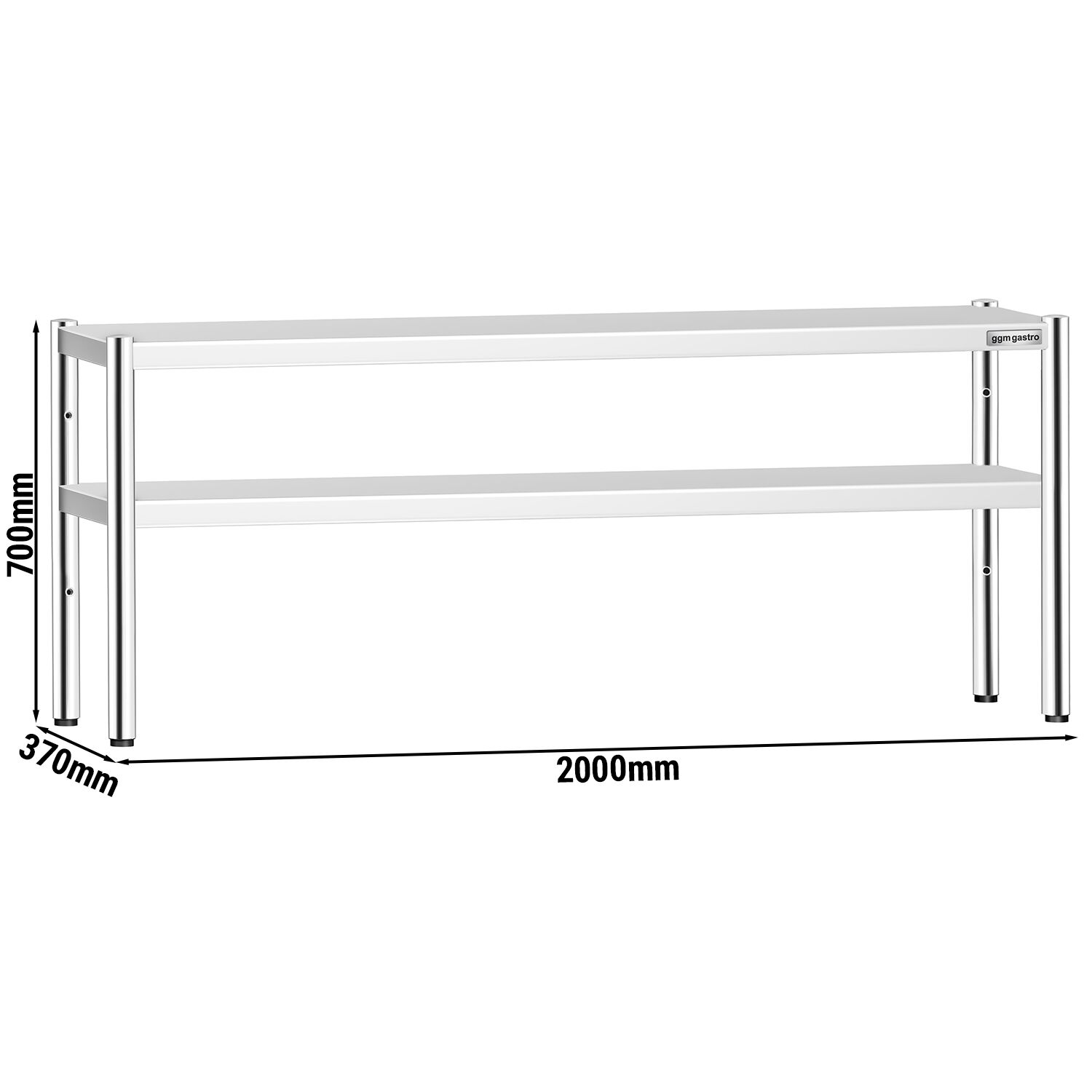 Étagère supérieure en inox – 2 niveaux – 2000 × 370 mm – hauteur réglable