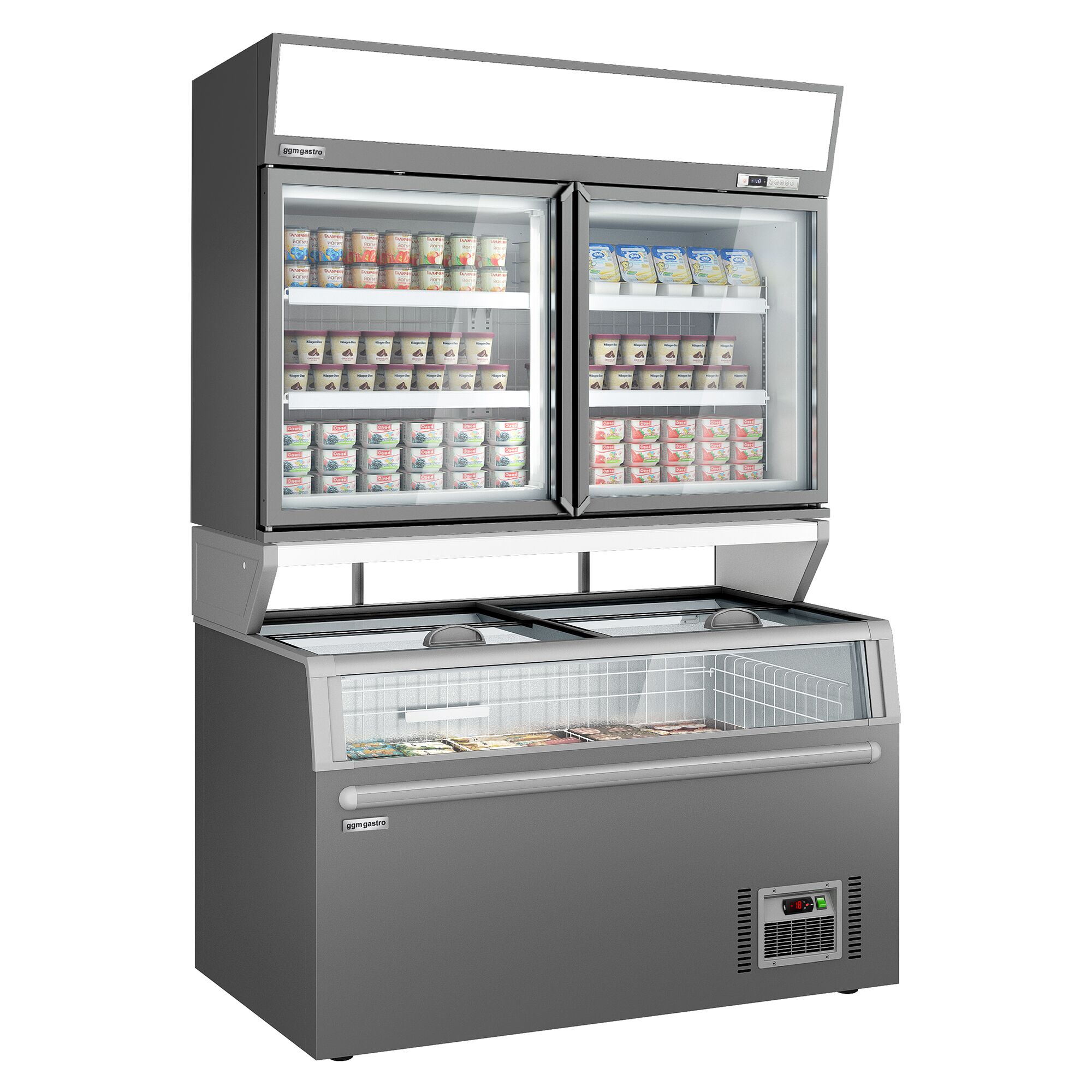 Vitrine murale de congélation pour supermarché - 2 portes - avec îlot de congélation inclus - Gris