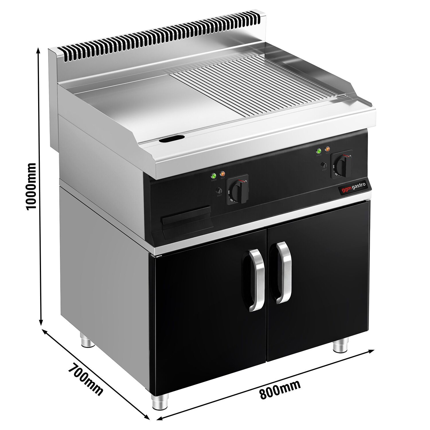 Commercial Electric Griddle - 13.8kW - Smooth/Ribbed Plate (half & half) - Cooking area: 795x535mm - with Cabinet Base - 2 Doors