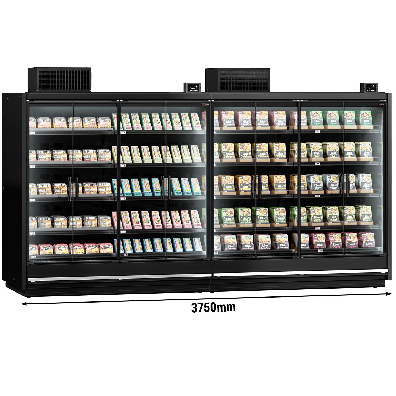 (2 pcs) Armoire réfrigérée murale de supermarché - 3750mm - avec 4 portes battantes vitrées & 5 étagères - Noir
