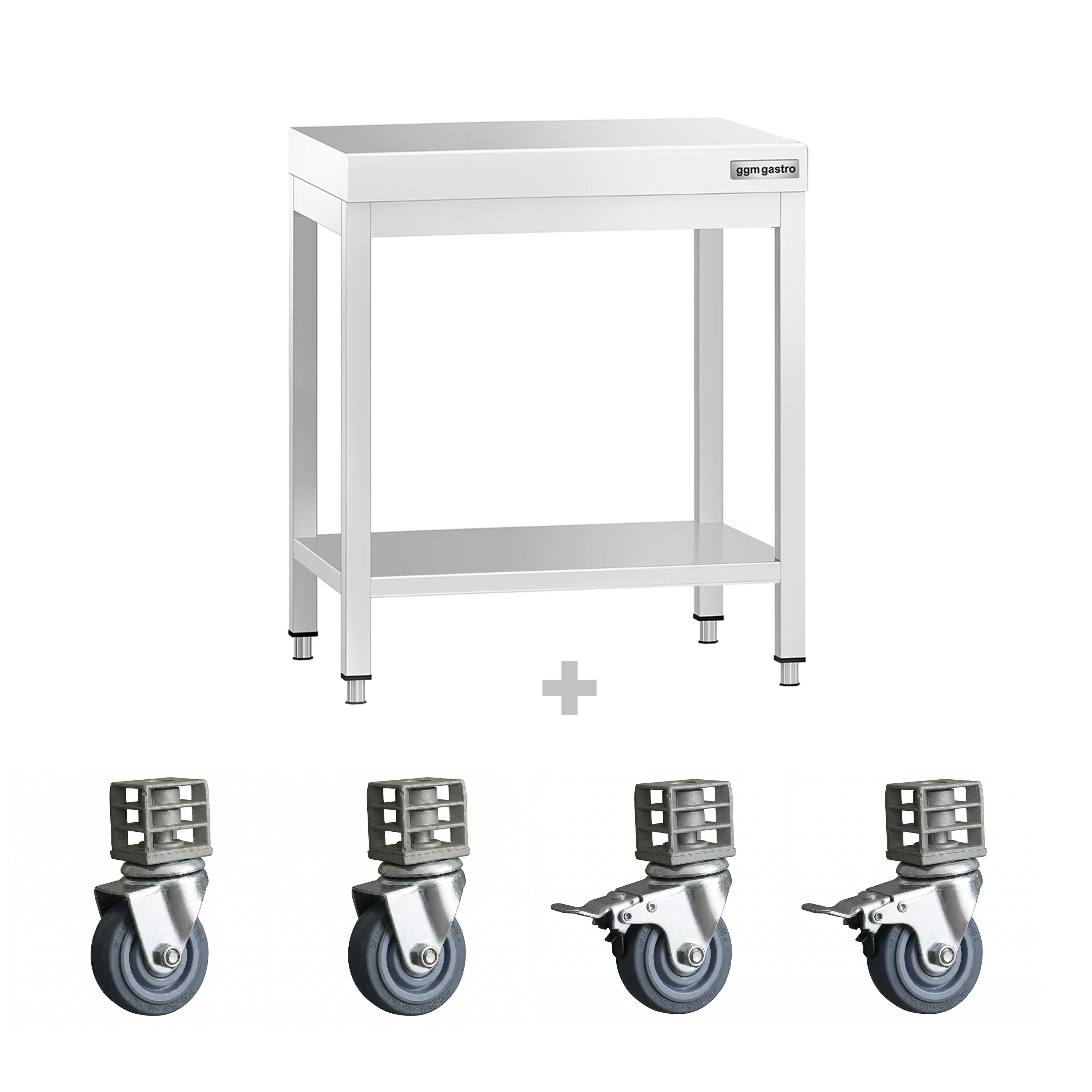 Table de travail en inox PREMIUM - 700 x 700 mm - avec tablette inférieure et roulettes