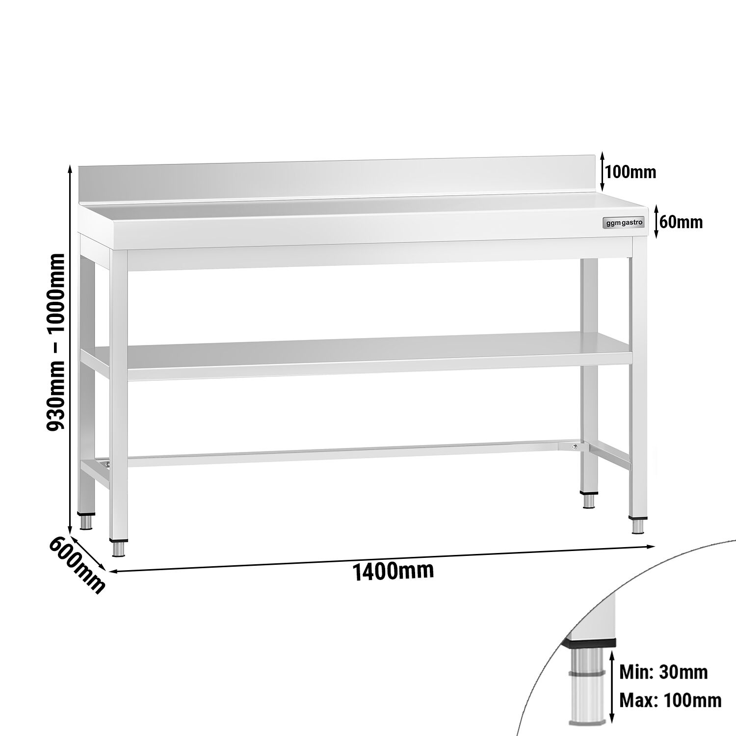 Table de travail en inox PREMIUM – 1400x600 mm – avec tablette inférieure, dosseret et renforts