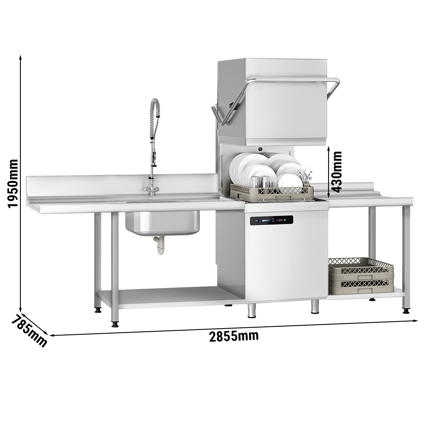 Lave-vaisselle à capot – Numérique – 7,1 kW – avec table d’entrée à gauche, table de sortie à droite et adoucisseur inclus – avec pompe de détergent, de rinçage et de vidange