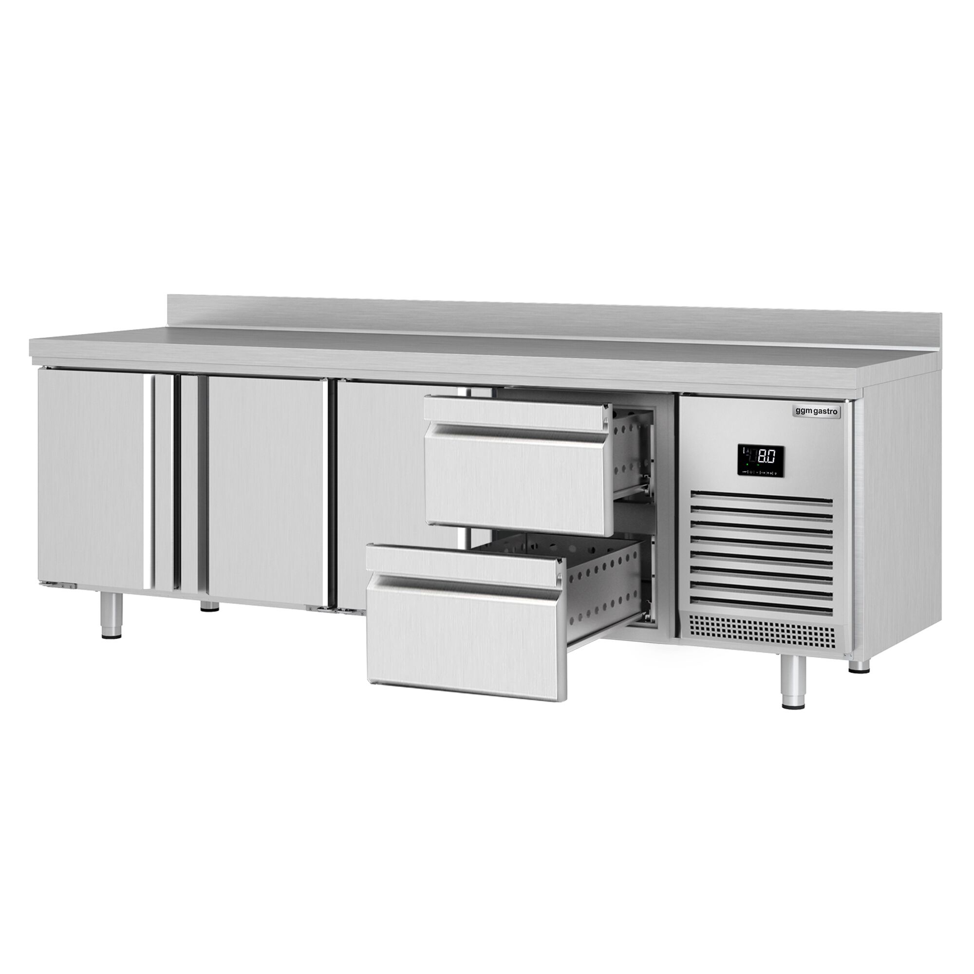 Table réfrigérée Premium PLUS - 2452x600 mm - avec 3 portes - 2 tiroirs - avec dosseret