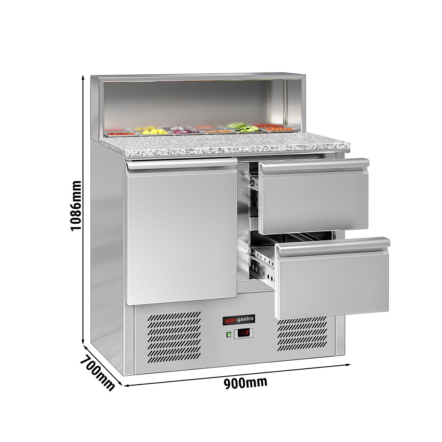 Saladette réfrigérée ECO - 903mm - 240L - 1 porte & 2 tiroirs - avec découpe pour 5x GN 1/6 & Couvercle inox - plan de travail en granit noir