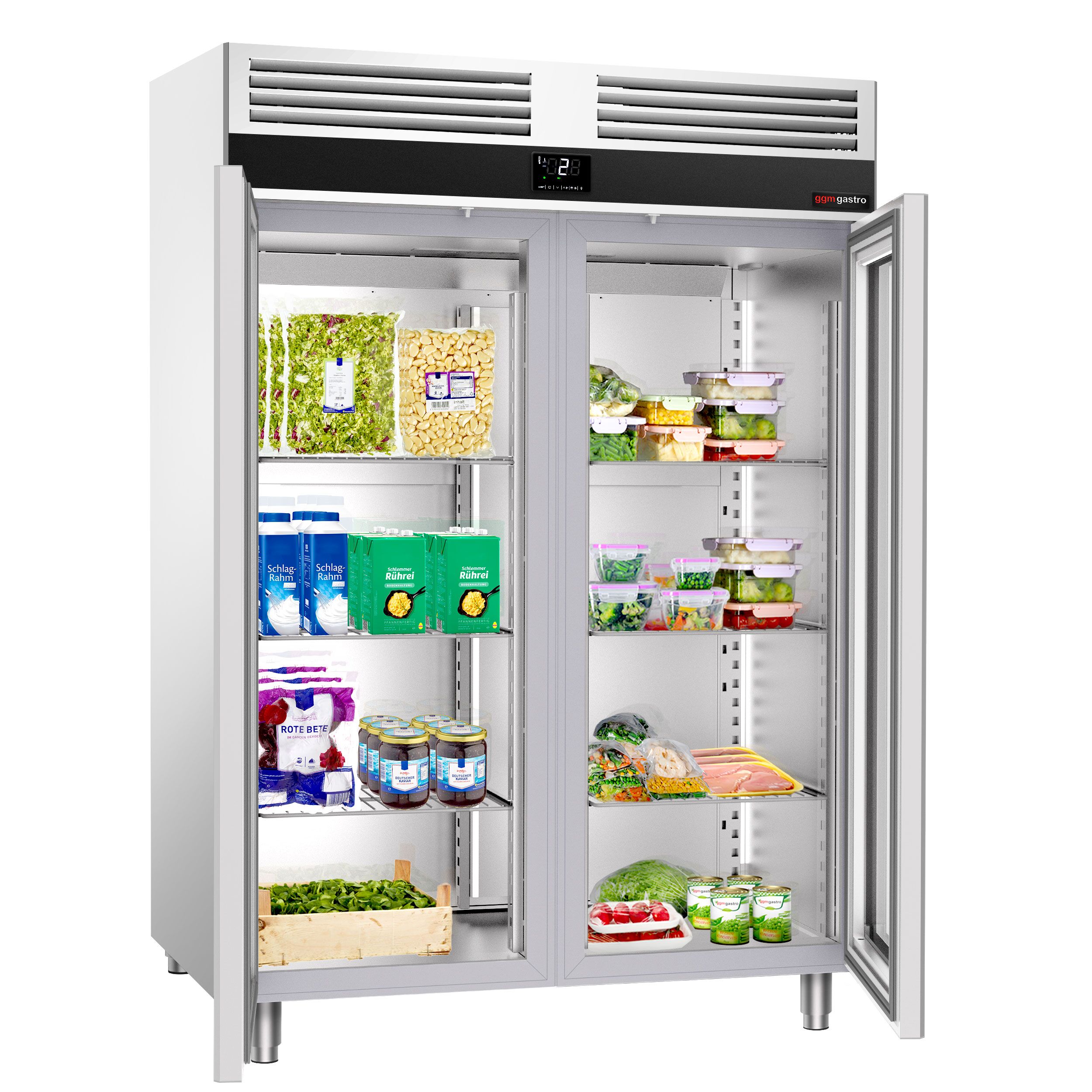 Armoire réfrigérée vitrée positive en acier inoxydable AISI 304 PREMIUM - GN 2/1 - 1400 L - avec 2 portes vitrées & Glissières GN & 6 grilles
