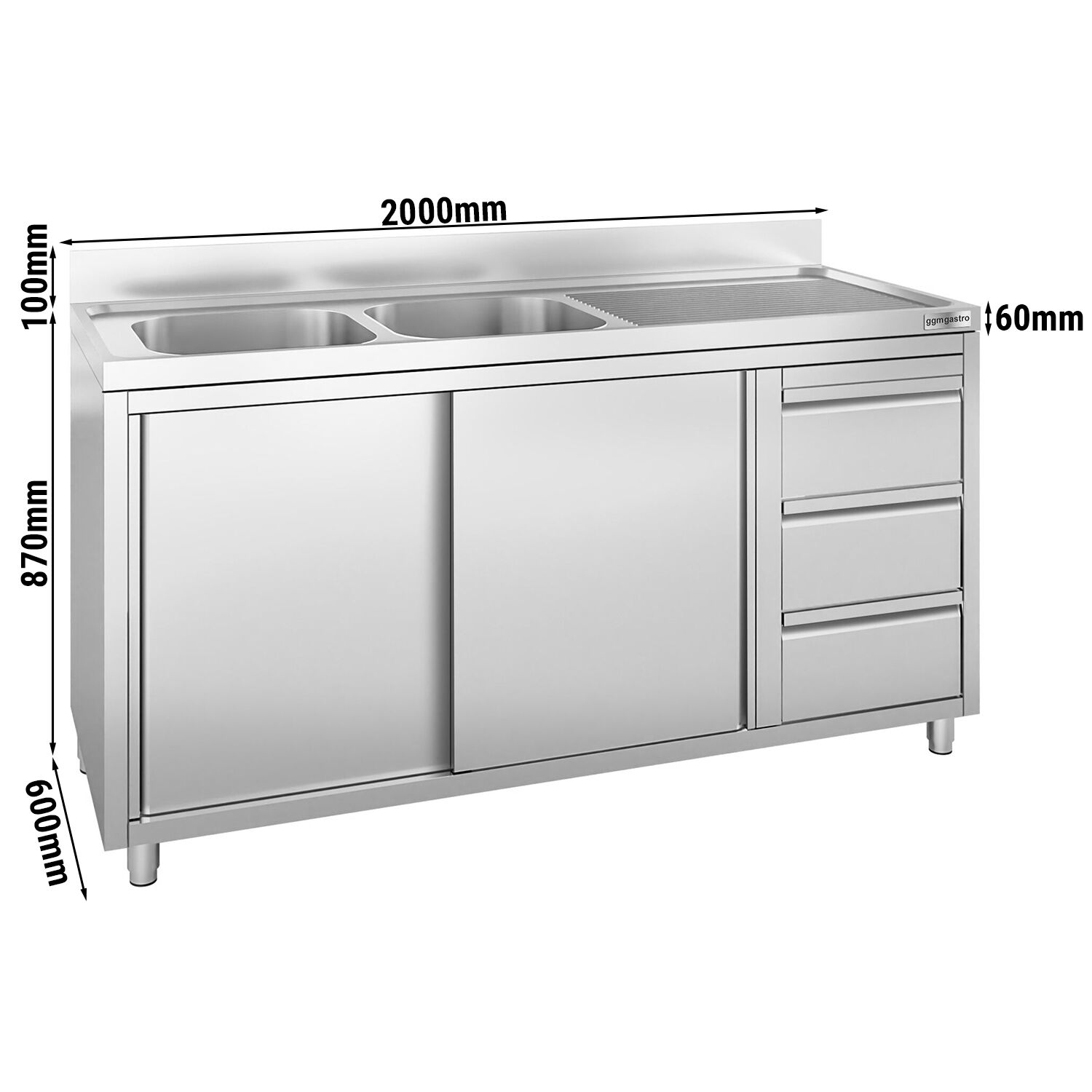Λάντζα PREMIUM - 2000x600 χλσ. - με 3 Συρτάρια & 2 Λεκάνες αριστερά