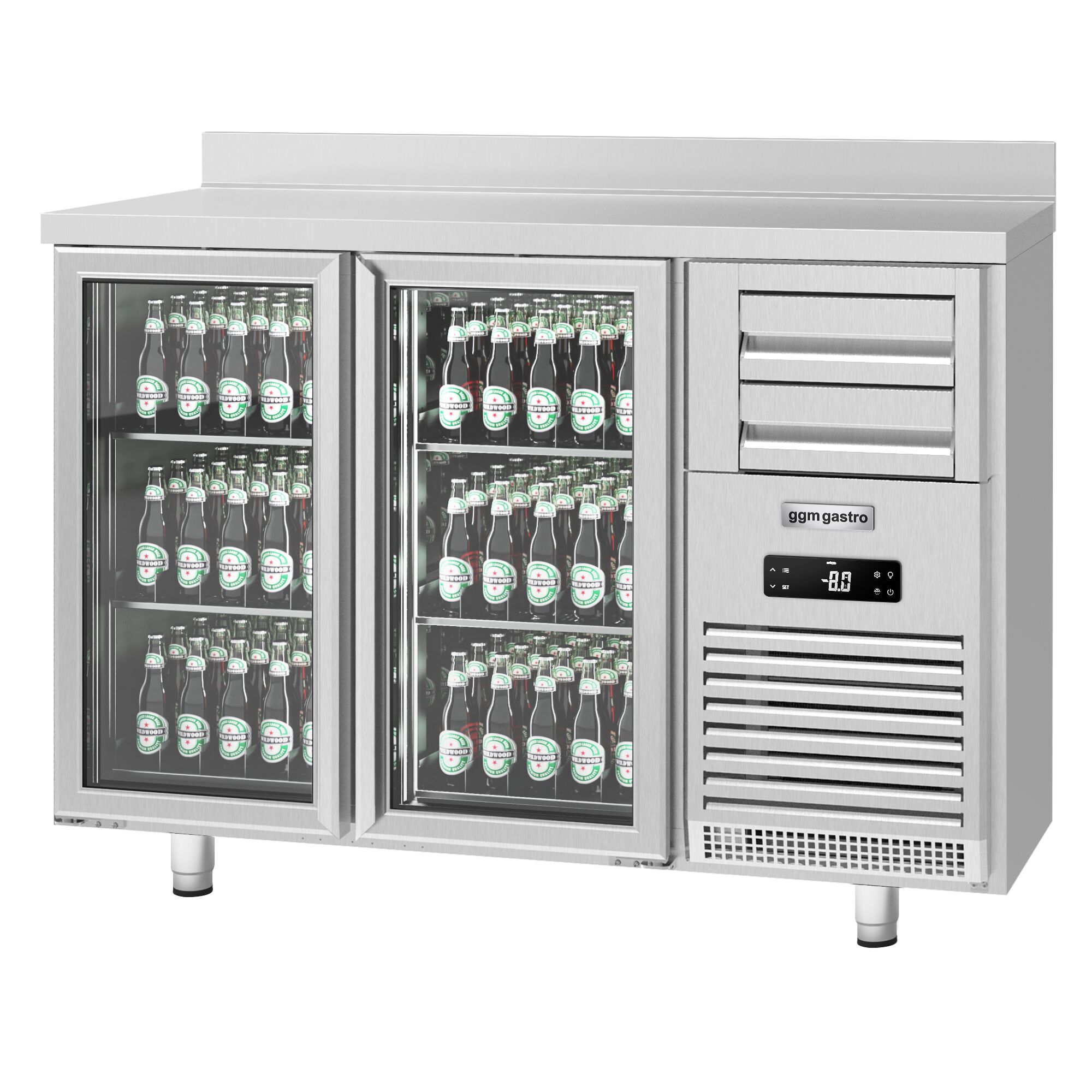 Arrière-bar réfrigéré professionnel Premium PLUS - SUPERCOOLER - 1475x700 mm - avec 2 portes vitrées & dosseret - inox