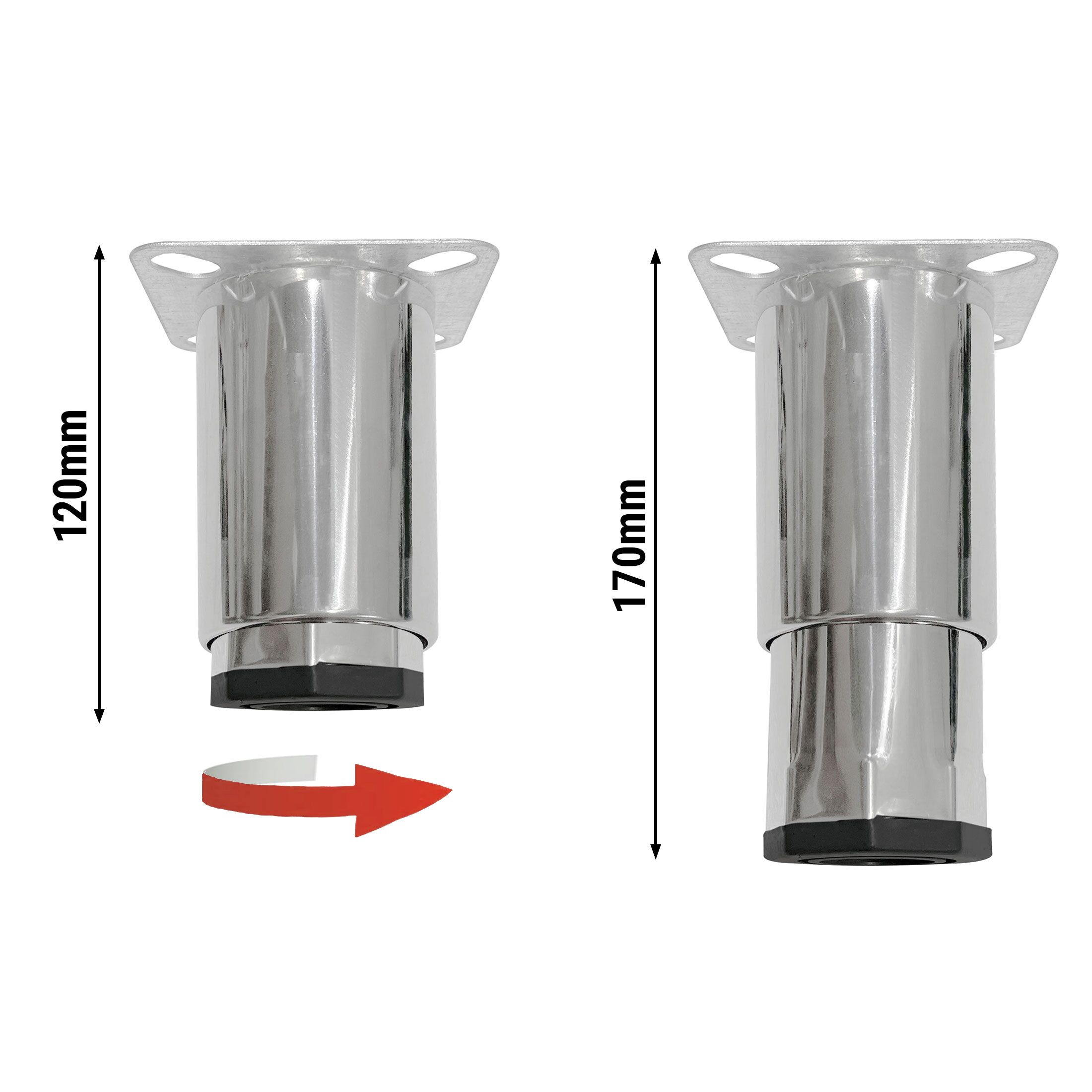 Pieds en inox réglables - avec patin plastique - 85x85mm - Hauteur 120-170mm - compatible avec Tables à pizzas réfrigérées (POS), Tables réfrigérées (KTS), Réfrigérateurs & Congélateurs (KG, TS & TG)