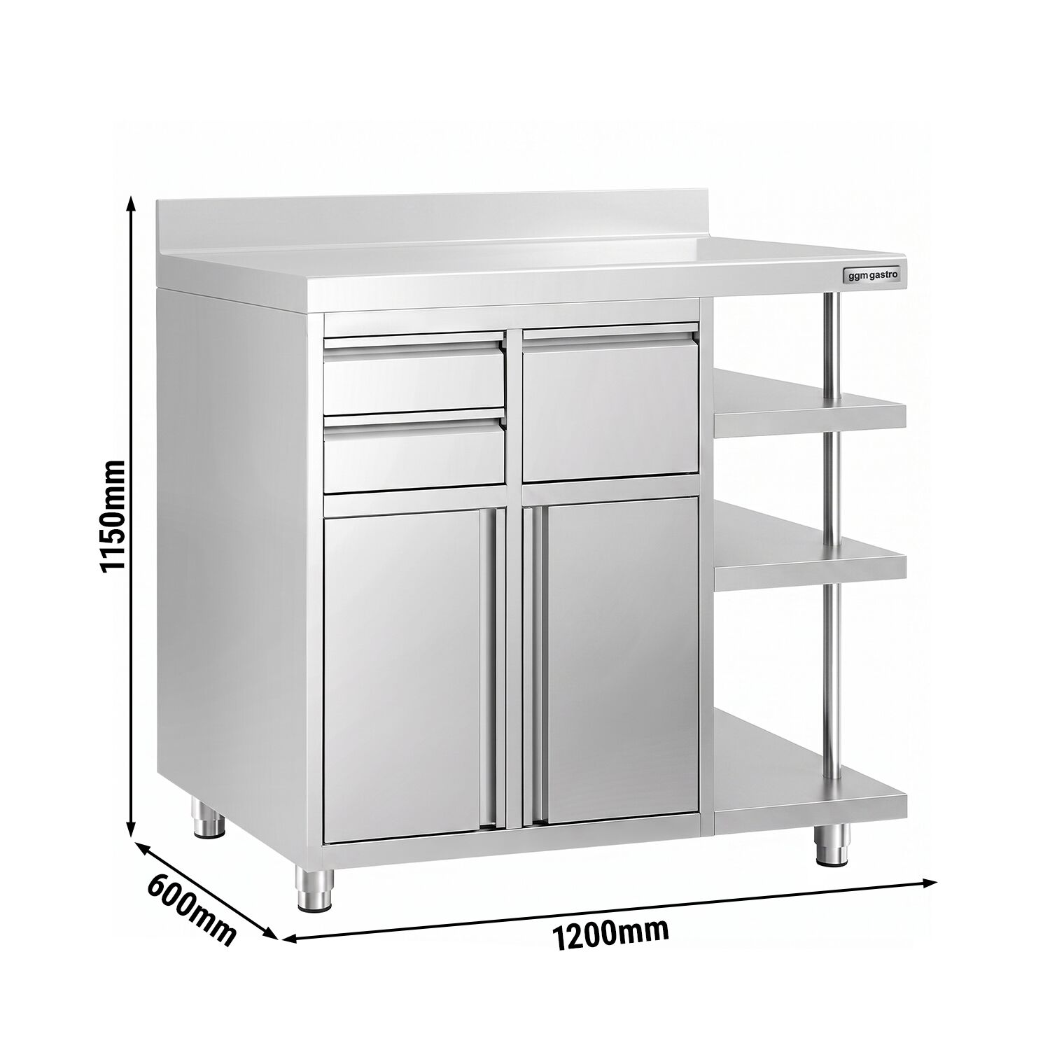 Arbetsskåp – för kaffebryggare – 1200 x 600 mm – med 2 svängdörrar, 2 lådor, avklappningsanordning, 3 hyllor och upphöjd kant