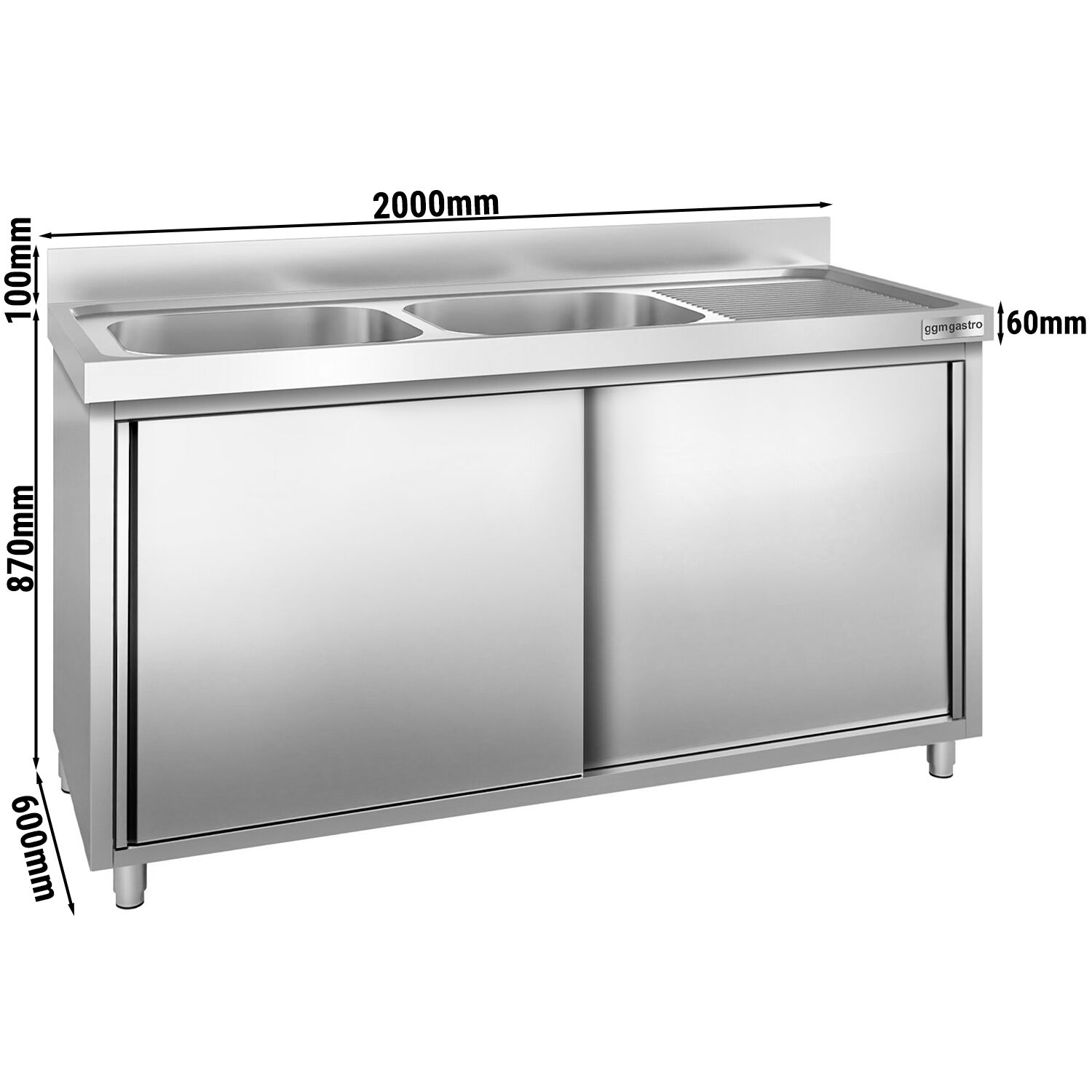 Meuble plonge PREMIUM - 2000x600mm - avec 2 bacs