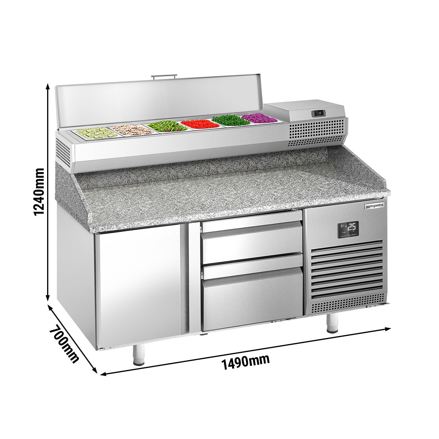 Table réfrigérée à pizza Premium PLUS - 1490x700 mm - avec 1 porte & 2 tiroirs - incl. vitrine réfrigérée - 6x GN 1/4