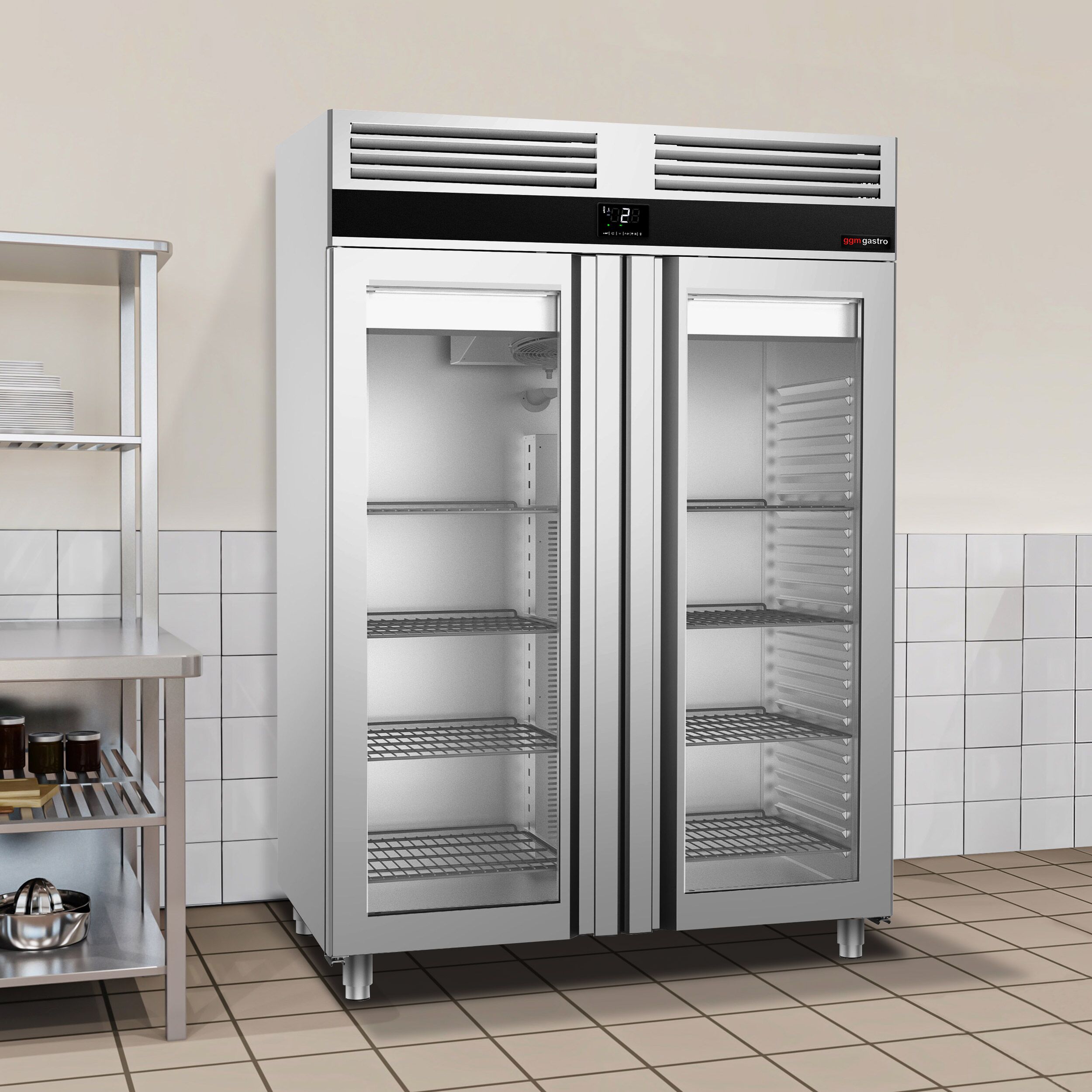 Glass Door Upright Fridge Stainless steel PREMIUM - GN 2/1 - 1350L - with 2 glass doors