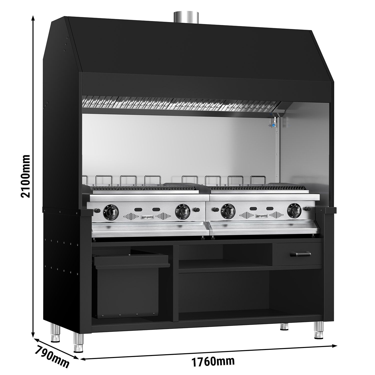 Commercial Gas Chargrill BERLIN - 1760mm - 790mm Deep - 8 Grill Grids - 28kW - Black