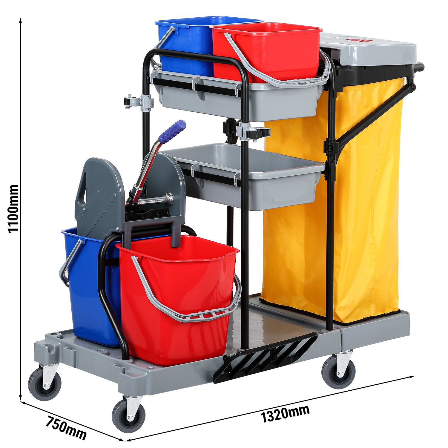 Chariot de nettoyage - avec 4 seaux, presse à mop & sac à linge - Gris