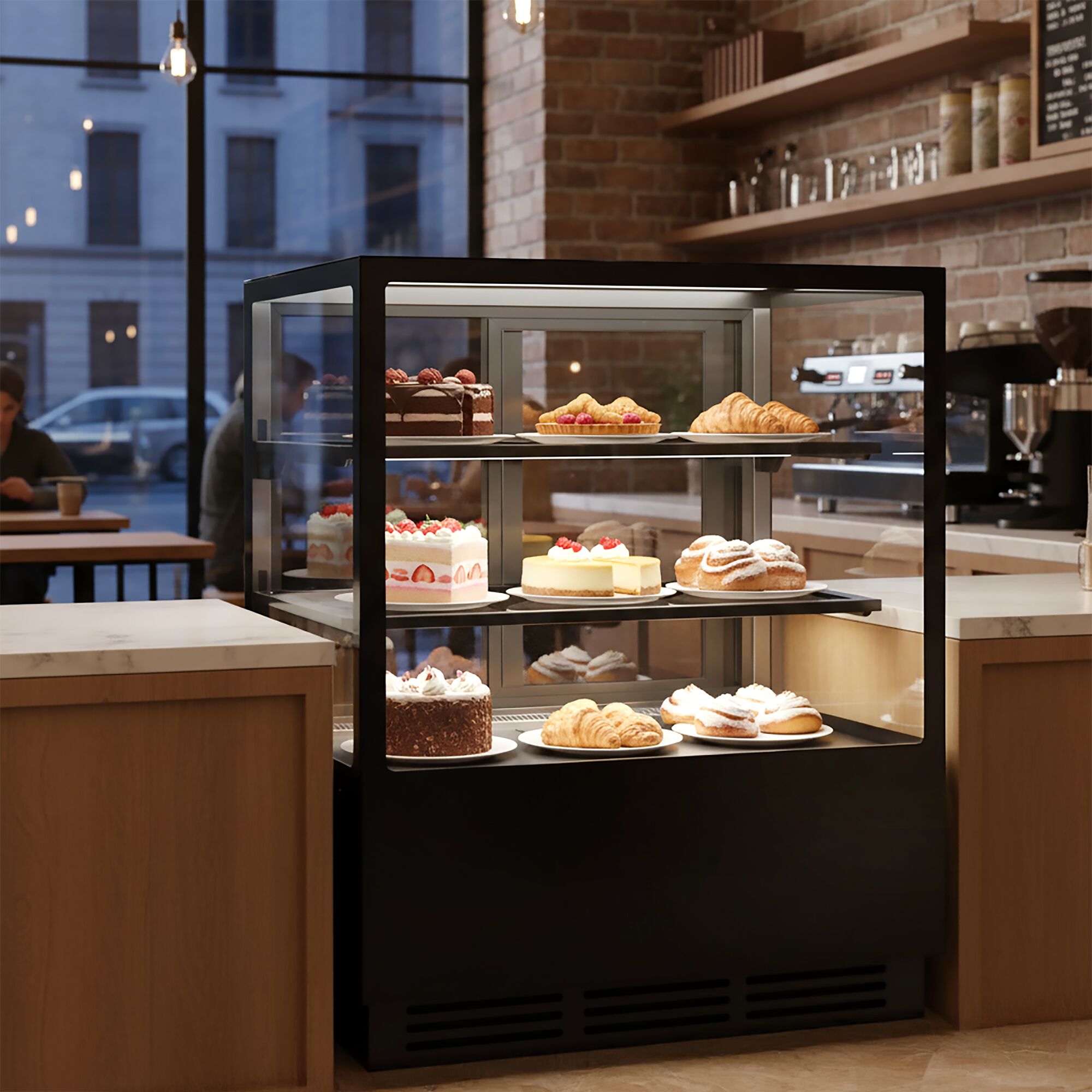 Vitrine à pâtisserie réfrigérée - 378L - 1000mm - Double vitrage - avec 2 étagères en verre - portes coulissantes vitrées arrière - pour pâtisseries - Pour FR - Noir
