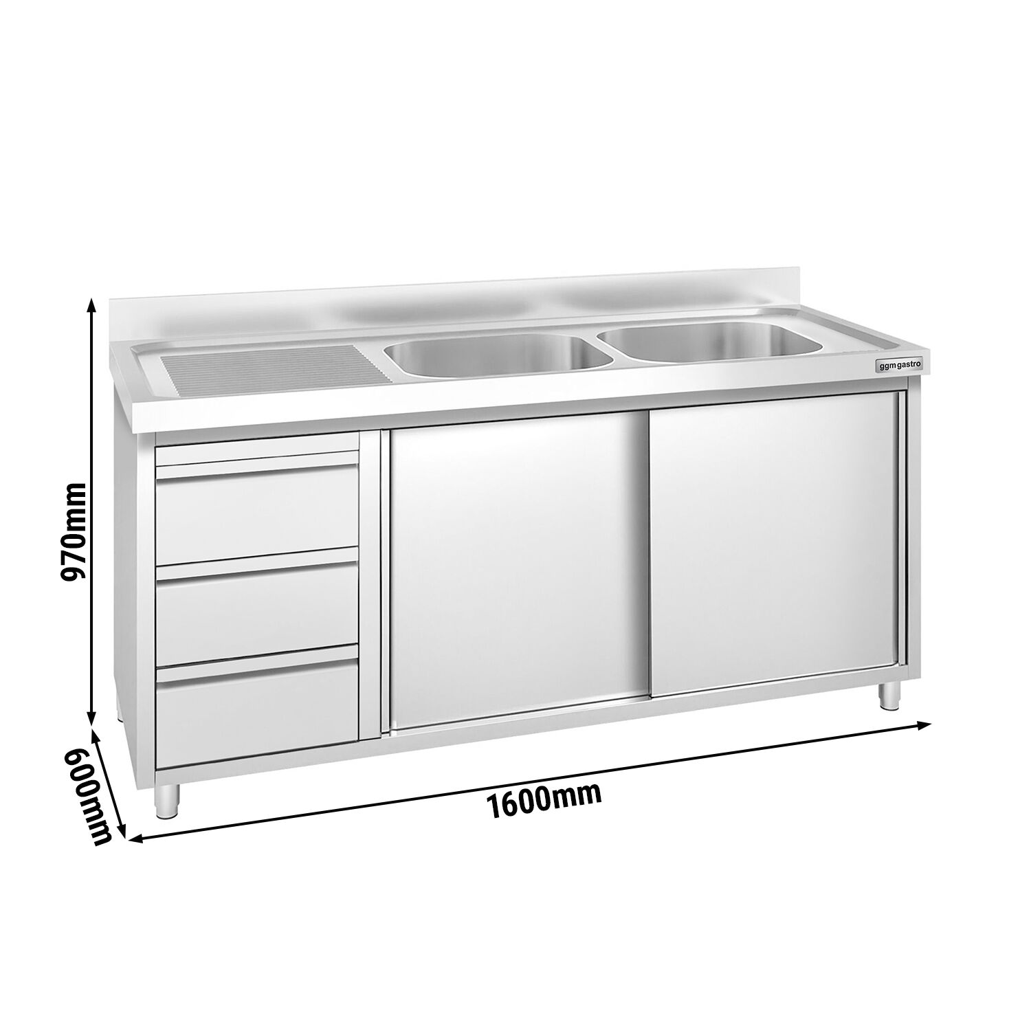 Meuble plonge PREMIUM - 1800x600mm - 2 bacs - 3 tiroirs