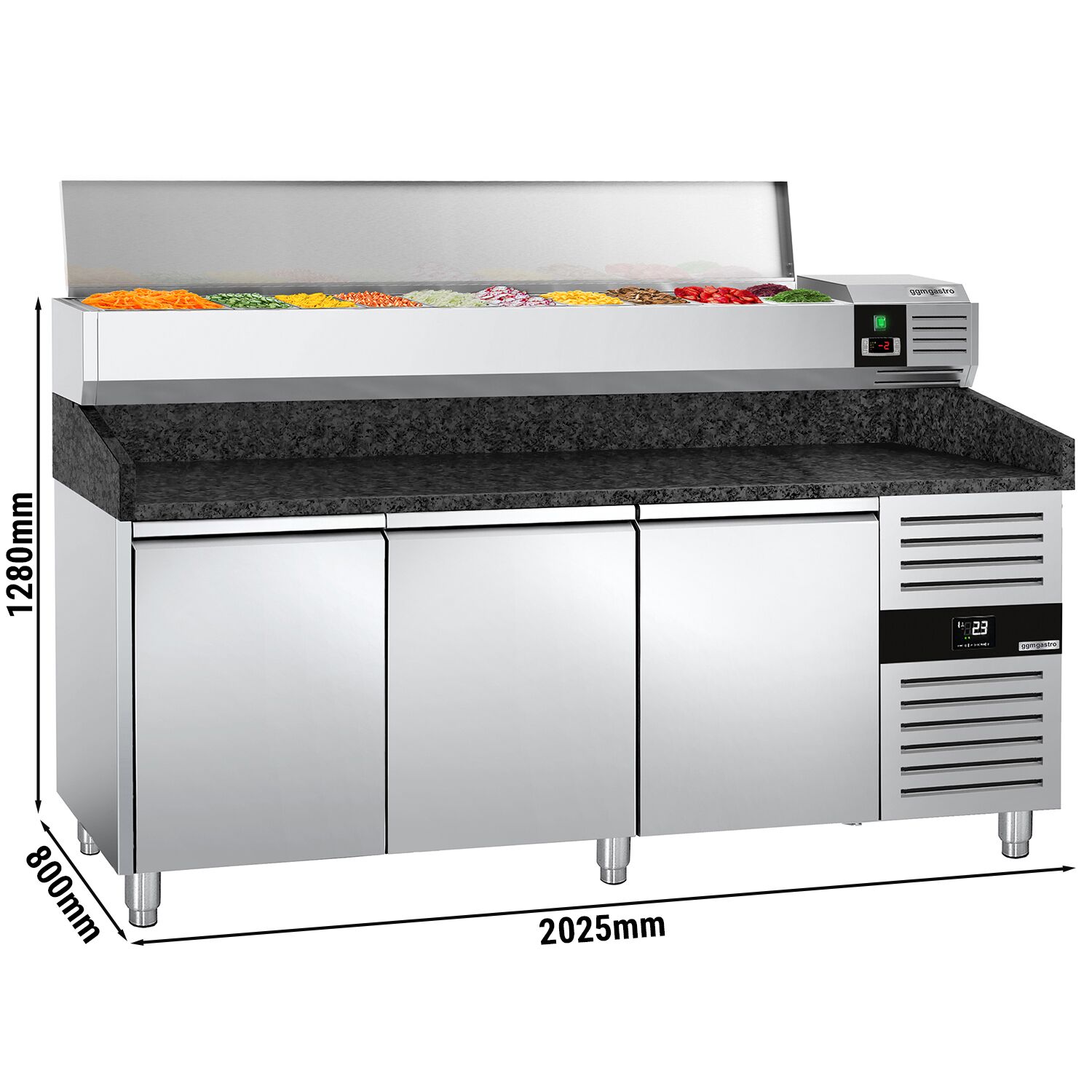 Table réfrigérée à pizza PREMIUM - 2000x800 mm - avec 3 portes - incl. vitrine réfrigérée - 9x GN 1/3