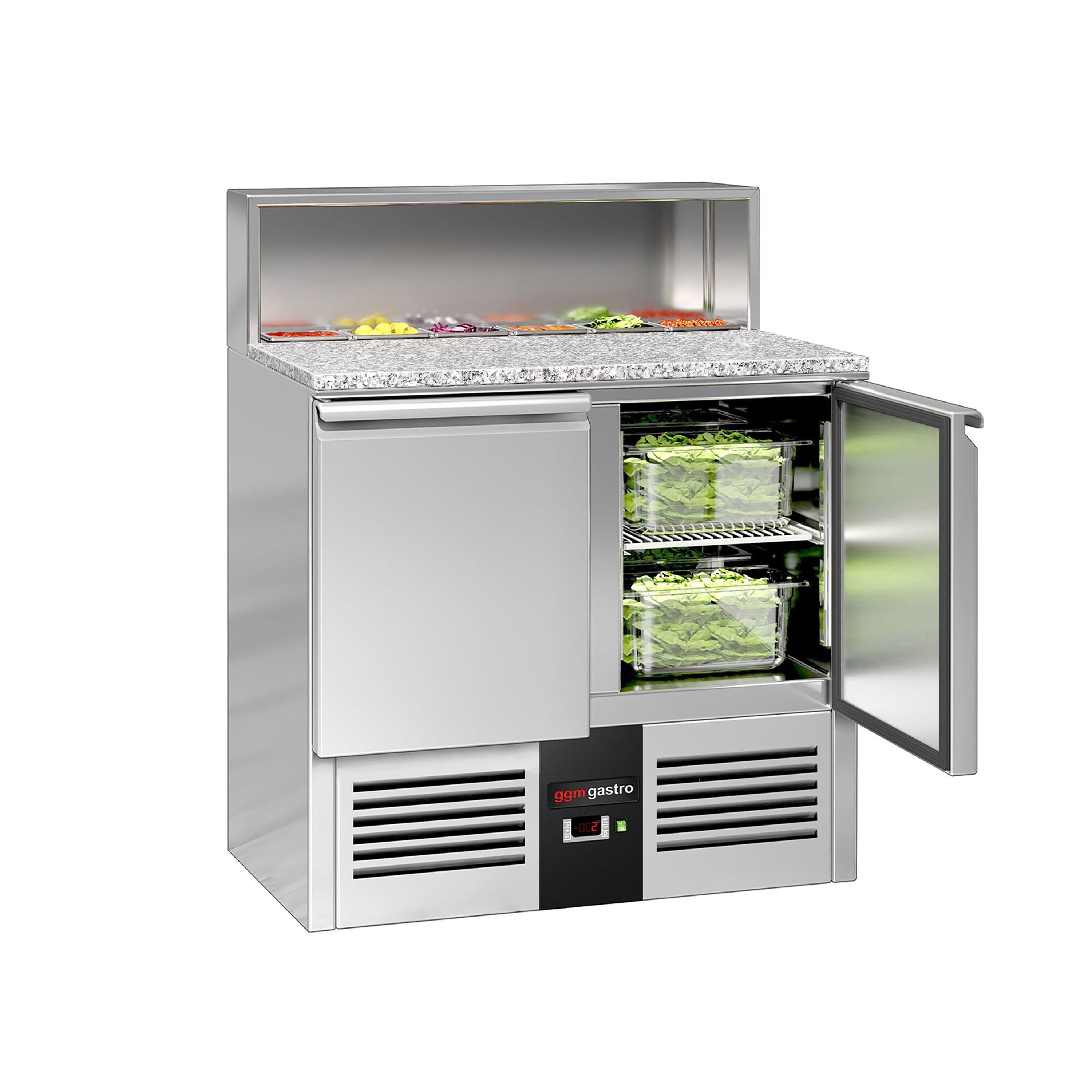 Saladette réfrigérée PREMIUM - 903mm - 240L - 2 portes - pour 5x GN 1/6 & Couvercle inox - plan de travail en granit noir
