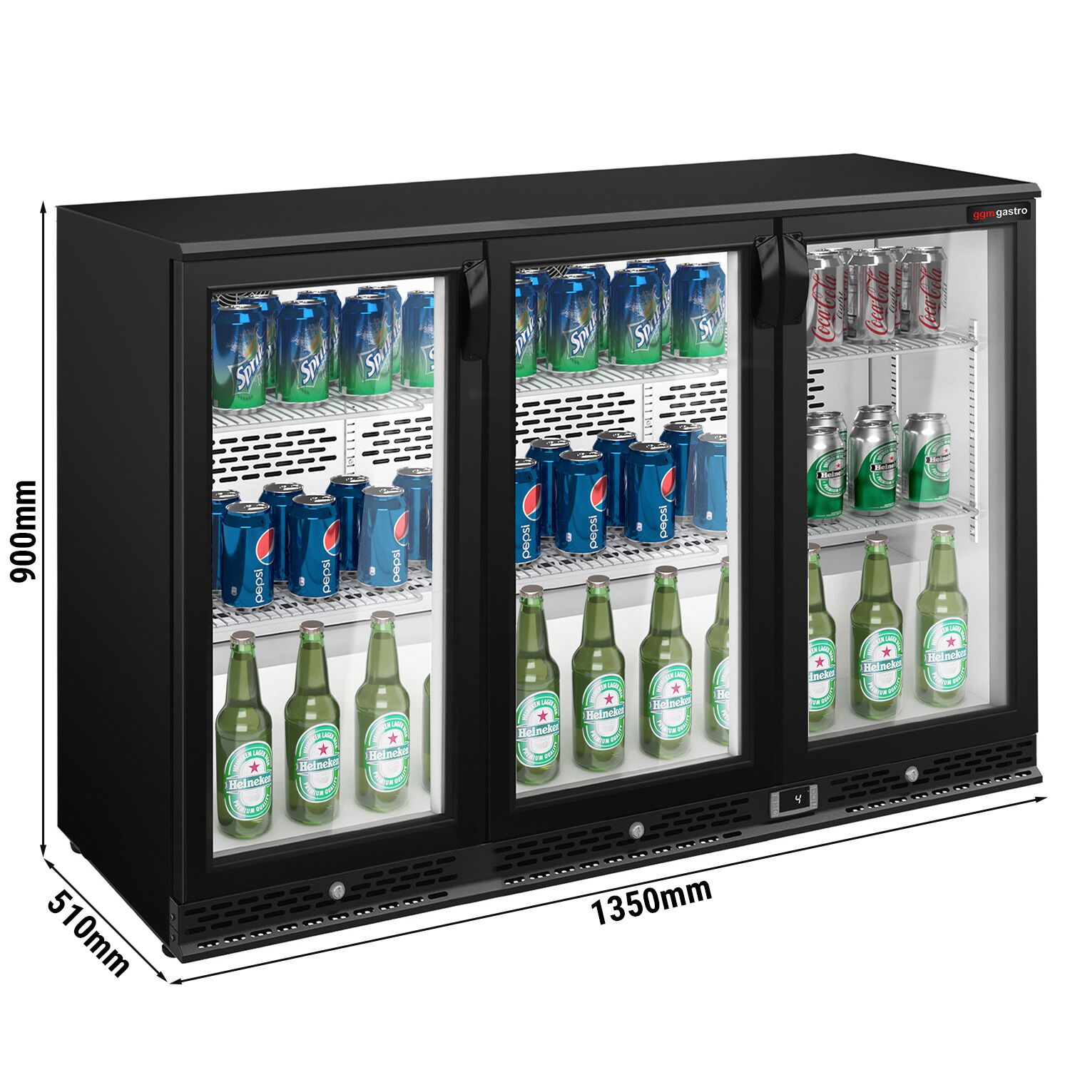 Réfrigérateur de bar – 1350 mm – 330 litres – avec 3 portes vitrées battantes – Noir