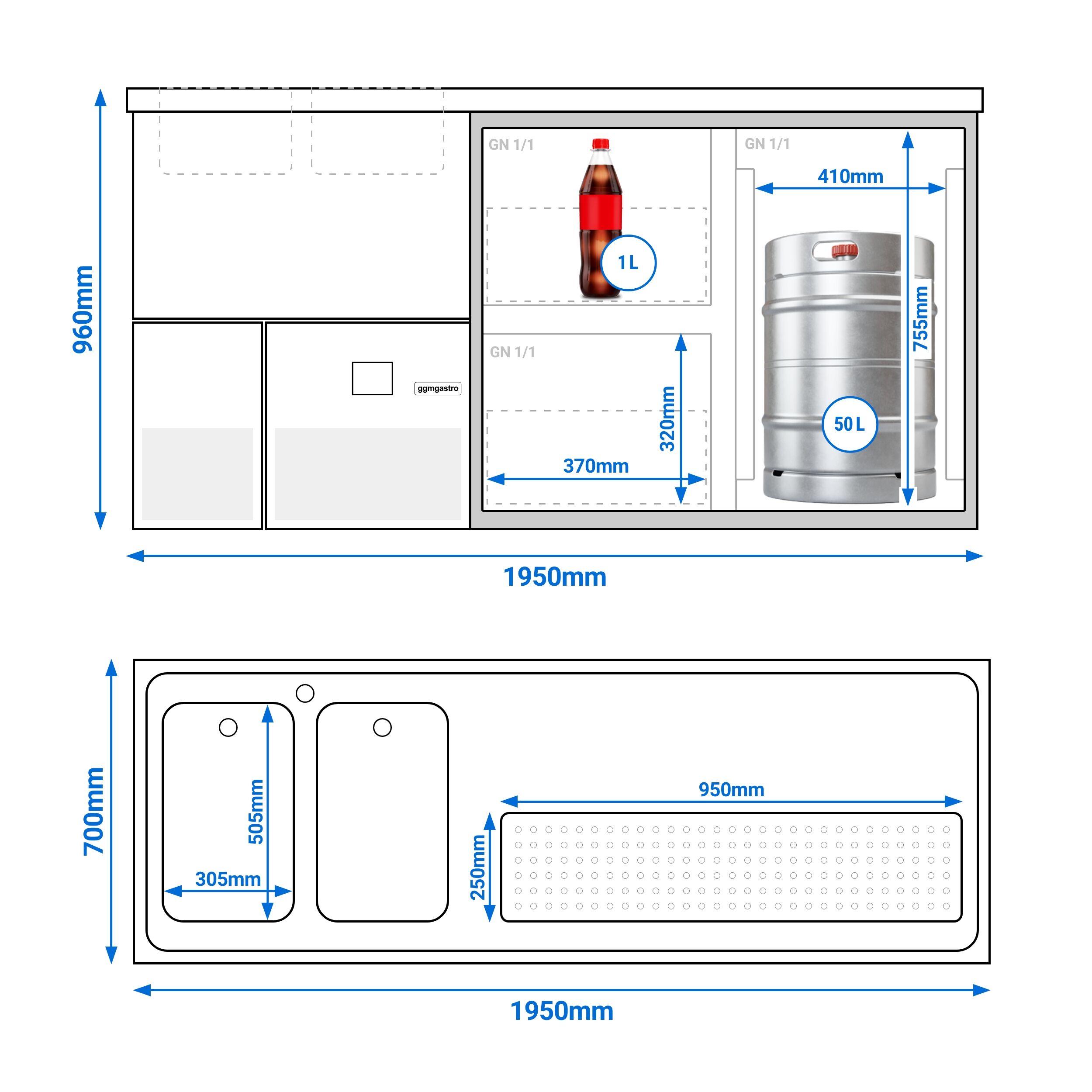 Comptoir de bar réfrigéré PREMIUM - 1950x700mm - 1 porte vitrée & 2 tiroirs en verre