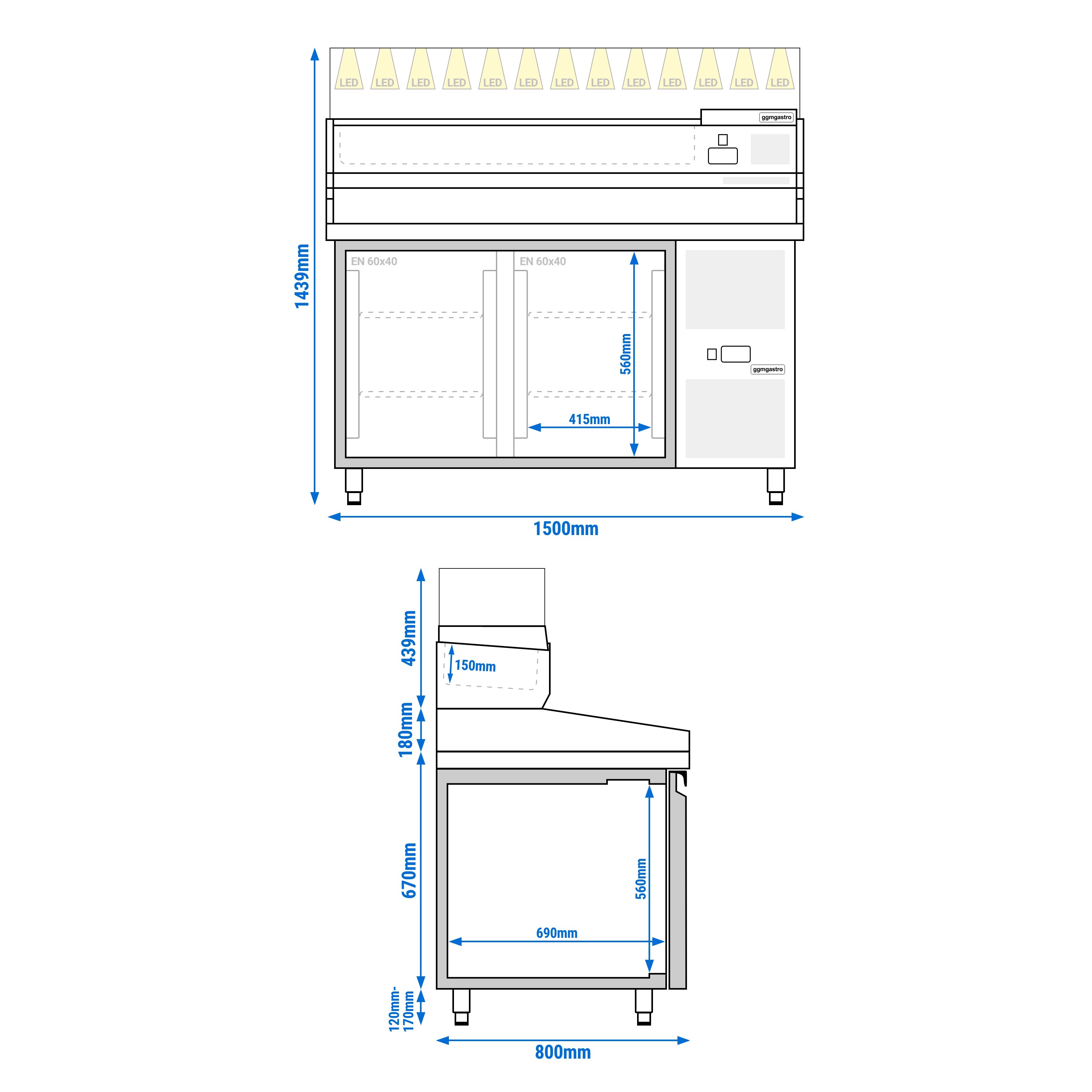 Table réfrigérée à pizza PREMIUM - 1500x800 mm - avec 2 portes - incl. vitrine réfrigérée LED - 7x GN 1/4