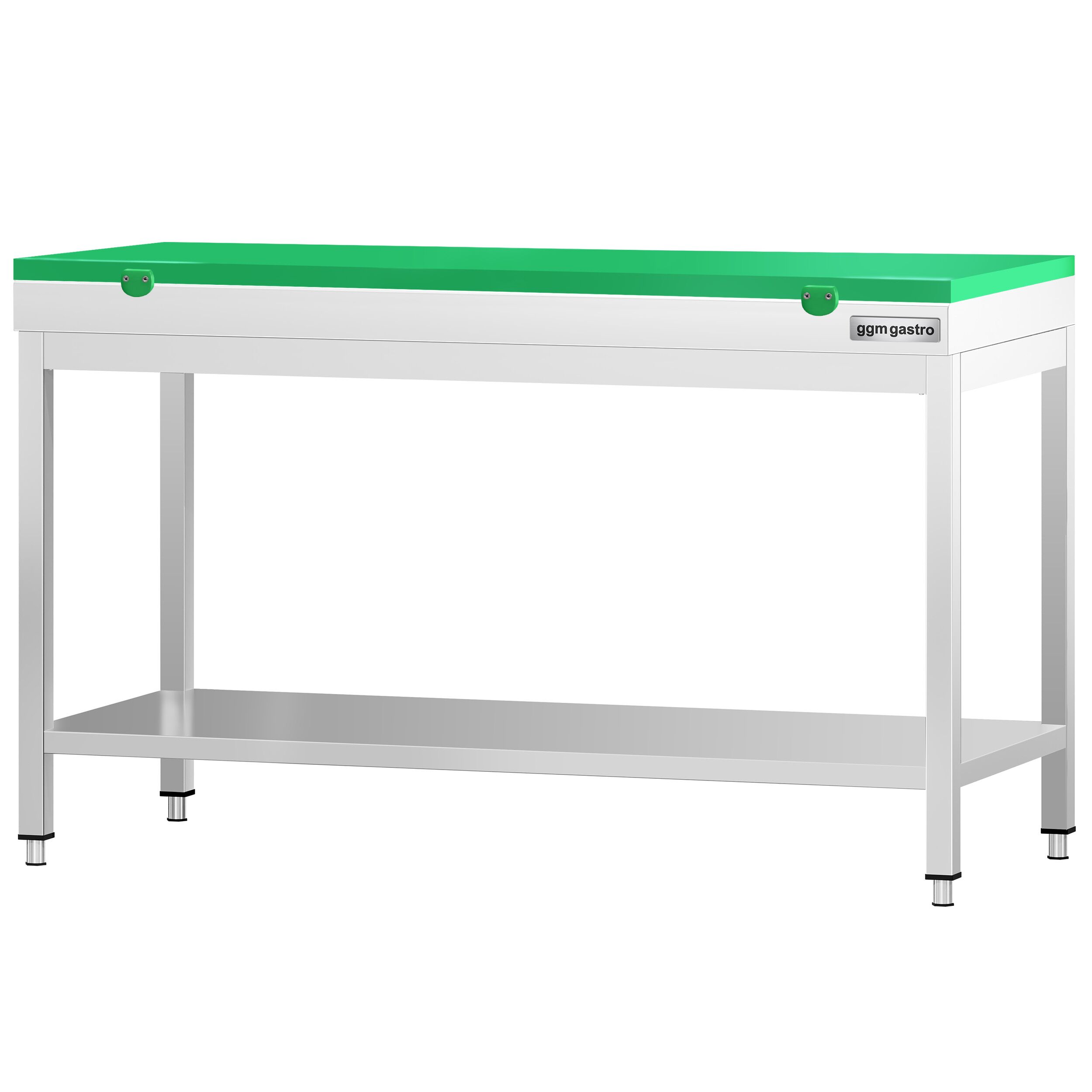 Table de travail inox PREMIUM - 1500 x 800 mm - avec tablette inférieure - incl. Planche à découper Verte