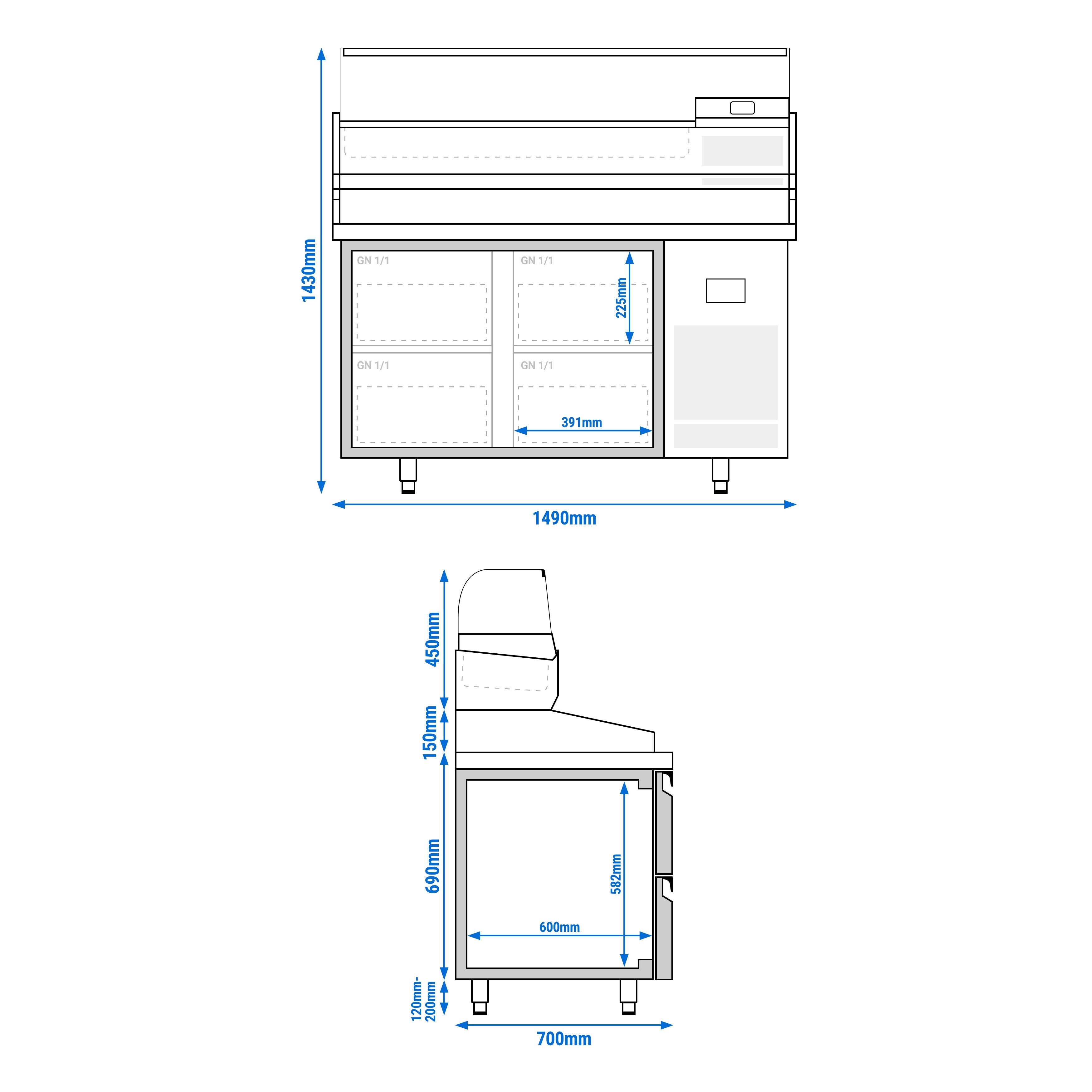 Table réfrigérée à pizza Premium PLUS - 1490x700 mm - avec 4 tiroirs - incl. vitrine réfrigérée - 6x GN 1/4
