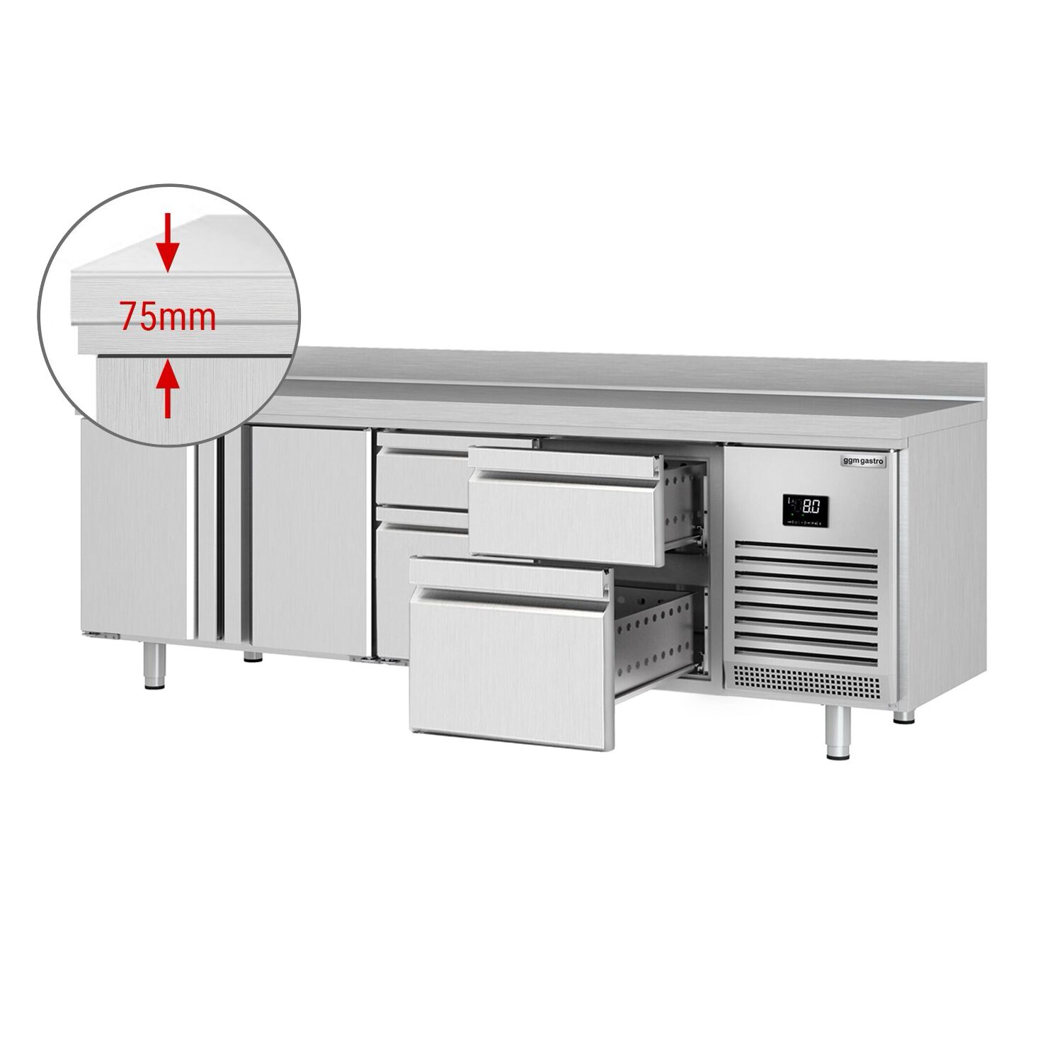 Table réfrigérée Premium PLUS - 2452 x 700 mm - avec 2 portes - 4 tiroirs - avec dosseret