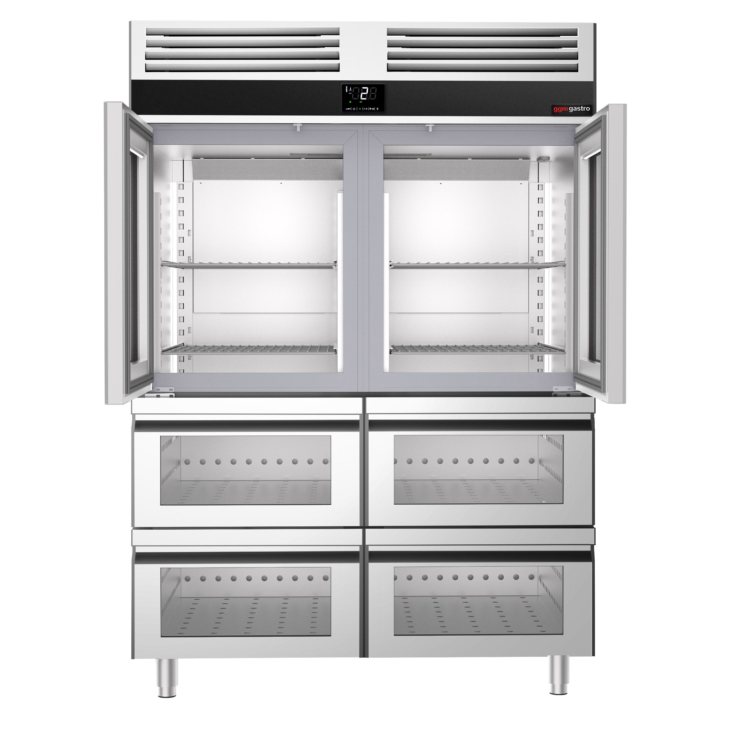 Armoire réfrigérée positive en acier inoxydable PREMIUM - GN 2/1 - 1400 L - avec 2 portes vitrées & 6 glissières & 6 grilles GN 2/1